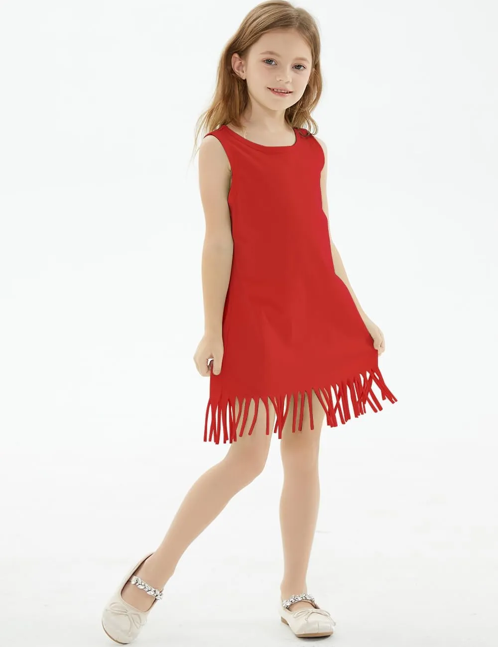 Noomelfish Girls Sleeveless Fringe Dress Cotton Summer Casual Sundress (3-12 Years)
