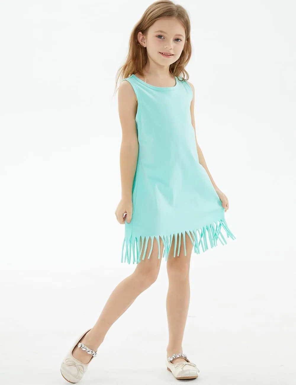 Noomelfish Girls Sleeveless Fringe Dress Cotton Summer Casual Sundress (3-12 Years)