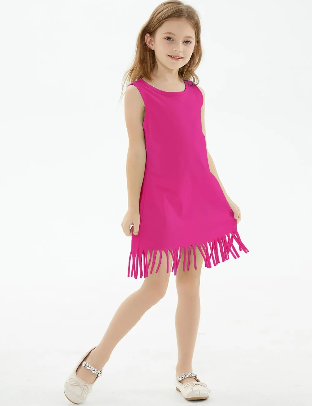 Noomelfish Girls Sleeveless Fringe Dress Cotton Summer Casual Sundress (3-12 Years)