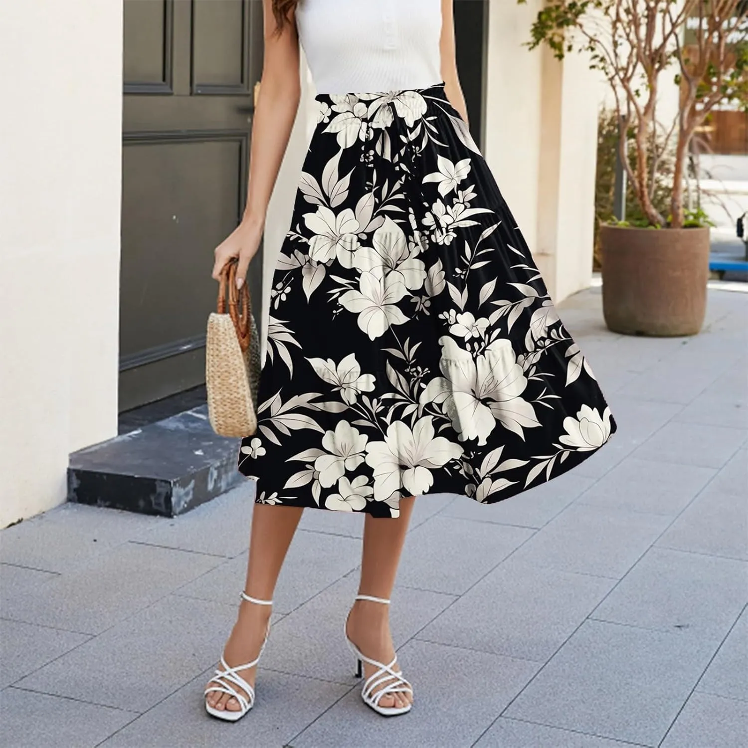 Palaver Maxi Skirt for Women Summer Floral Tiered Elastic High Waisted Skirts Vacation A-Line Flowy Swing Long Skirts