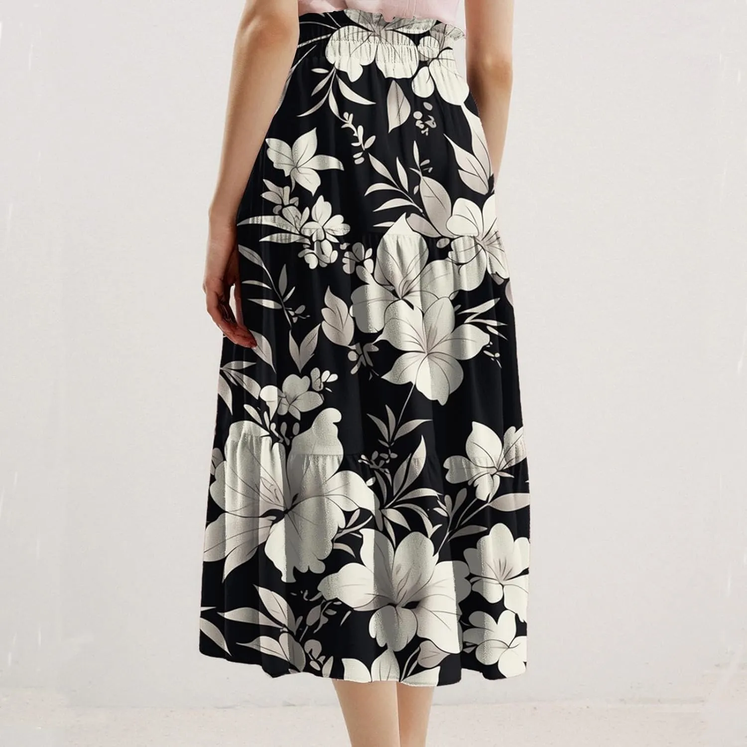 Palaver Maxi Skirt for Women Summer Floral Tiered Elastic High Waisted Skirts Vacation A-Line Flowy Swing Long Skirts
