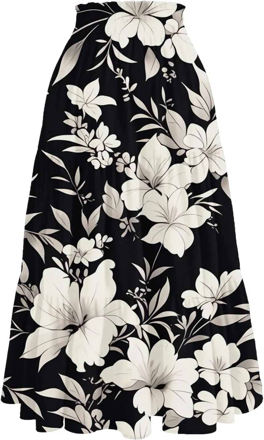 Palaver Maxi Skirt for Women Summer Floral Tiered Elastic High Waisted Skirts Vacation A-Line Flowy Swing Long Skirts