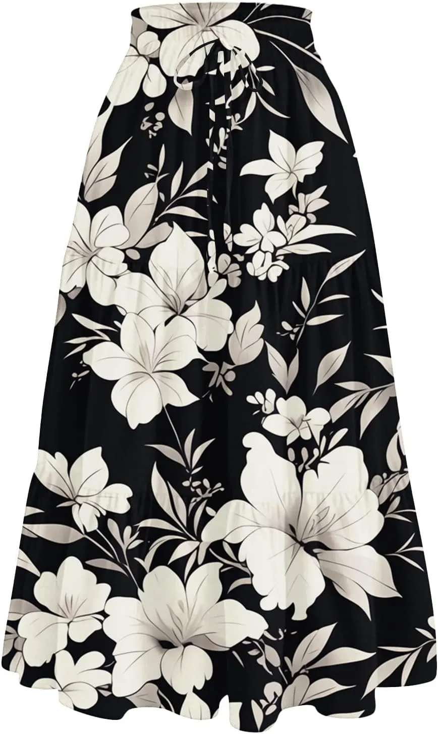 Palaver Maxi Skirt for Women Summer Floral Tiered Elastic High Waisted Skirts Vacation A-Line Flowy Swing Long Skirts