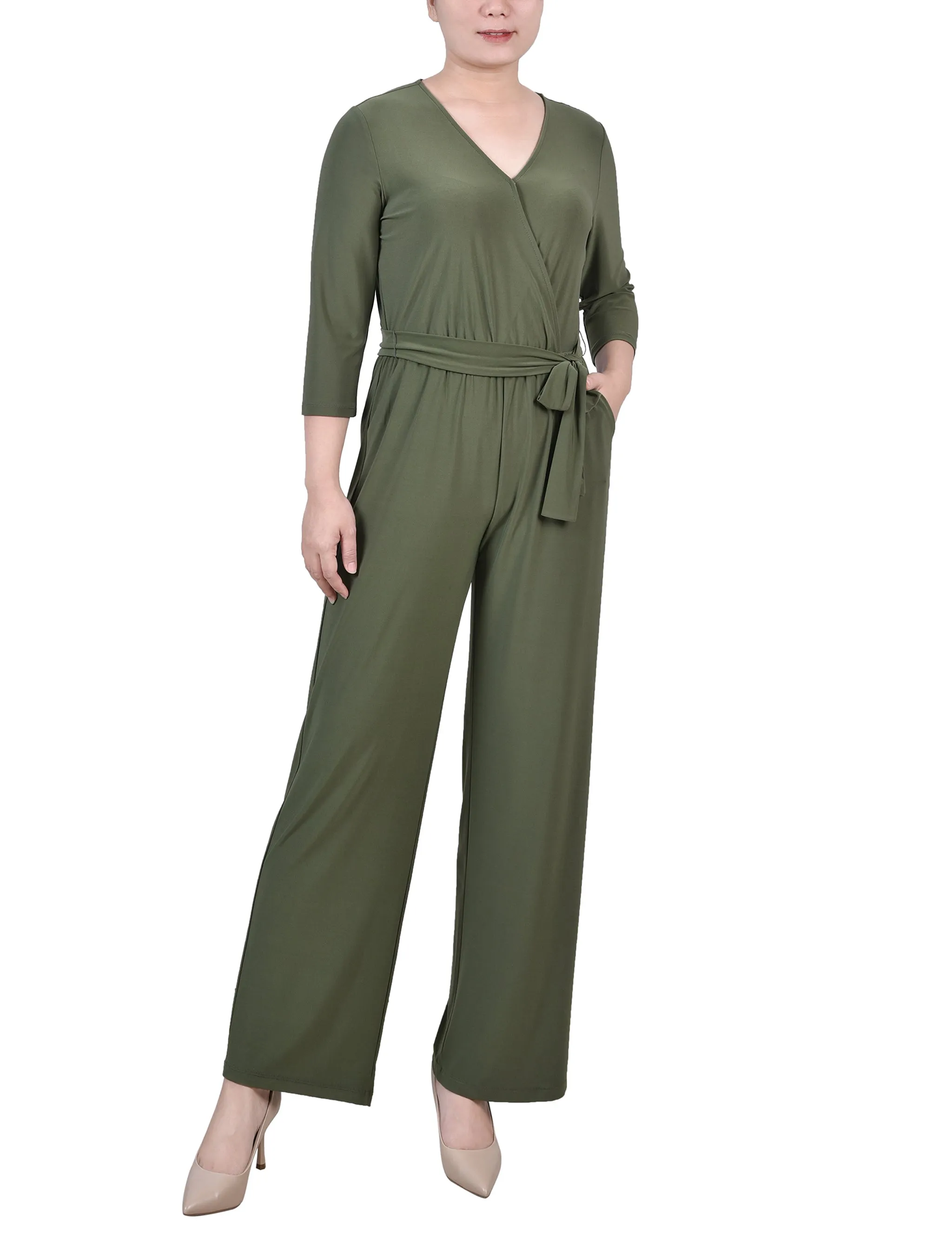 Petite 3/4 Sleeve Belted Jumpsuit