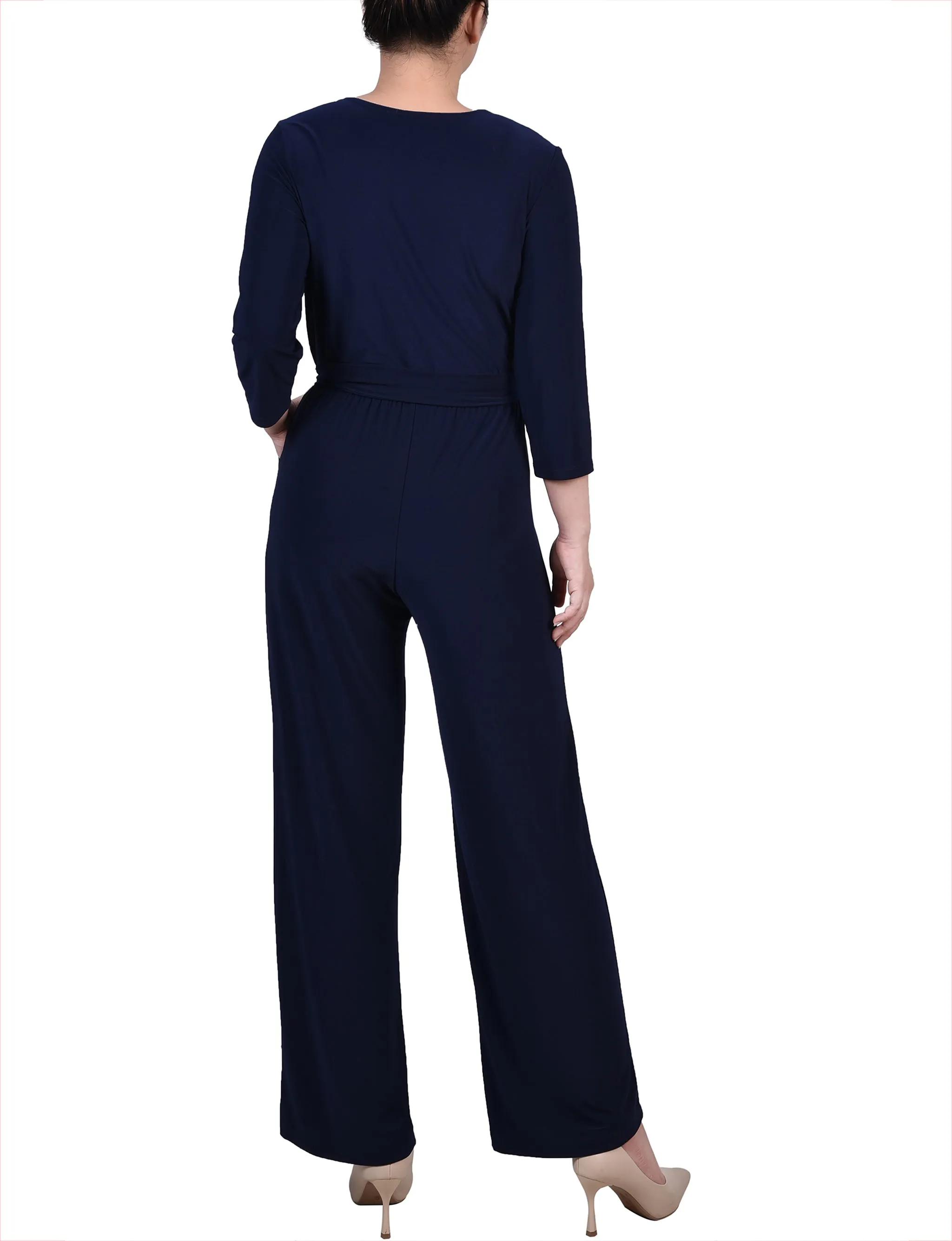 Petite 3/4 Sleeve Belted Jumpsuit