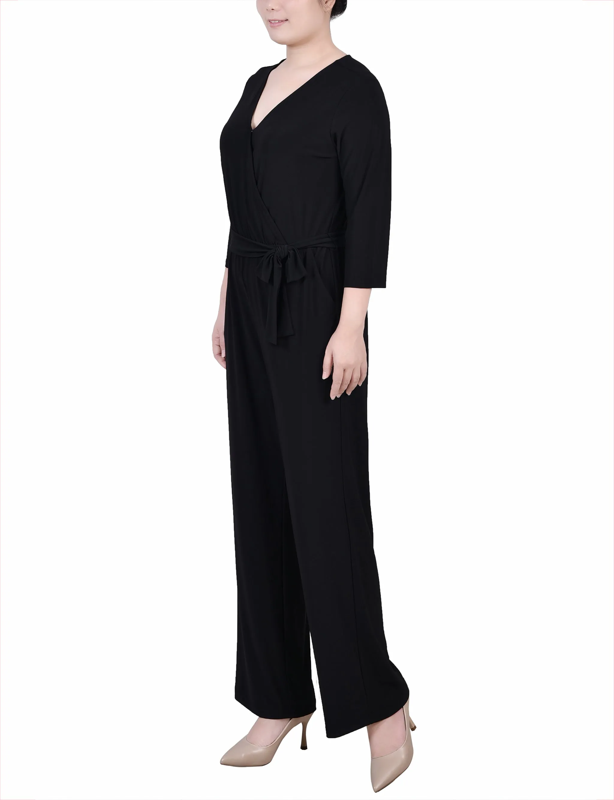 Petite 3/4 Sleeve Belted Jumpsuit