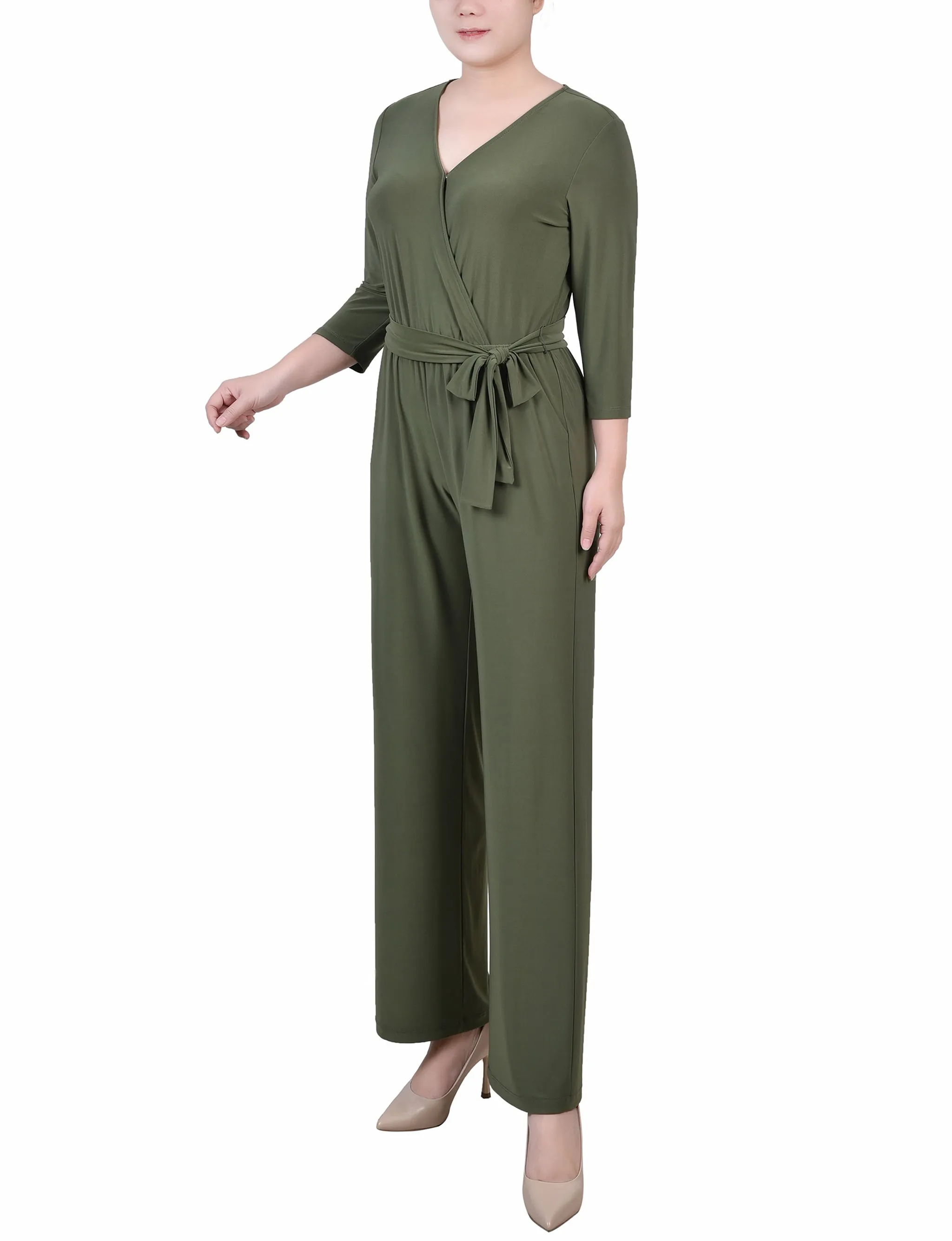 Petite 3/4 Sleeve Belted Jumpsuit