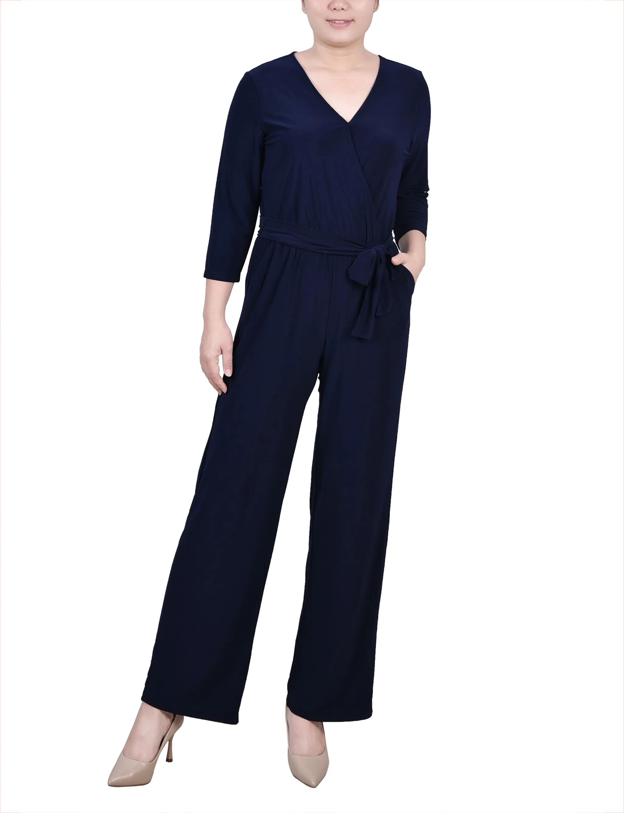 Petite 3/4 Sleeve Belted Jumpsuit