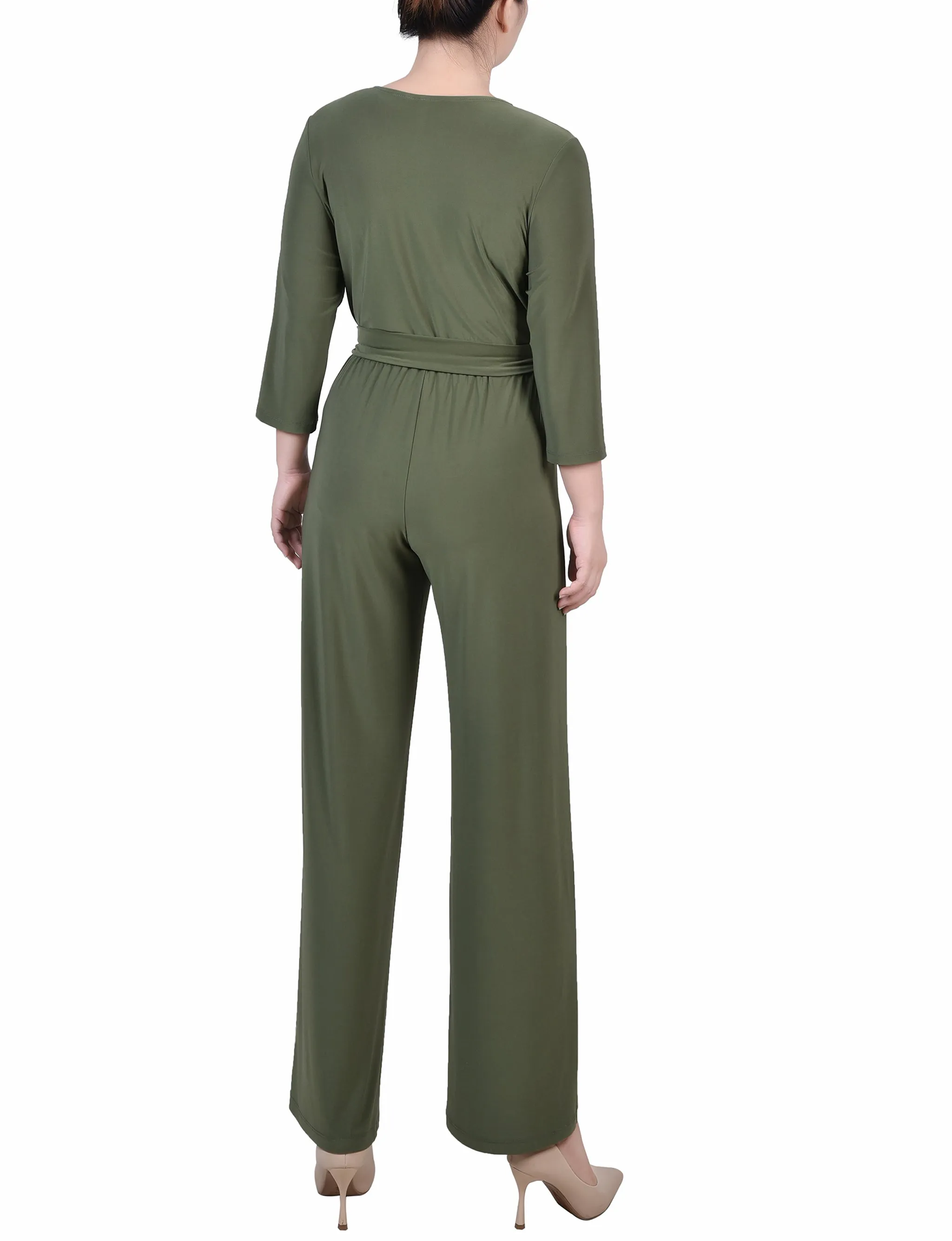 Petite 3/4 Sleeve Belted Jumpsuit