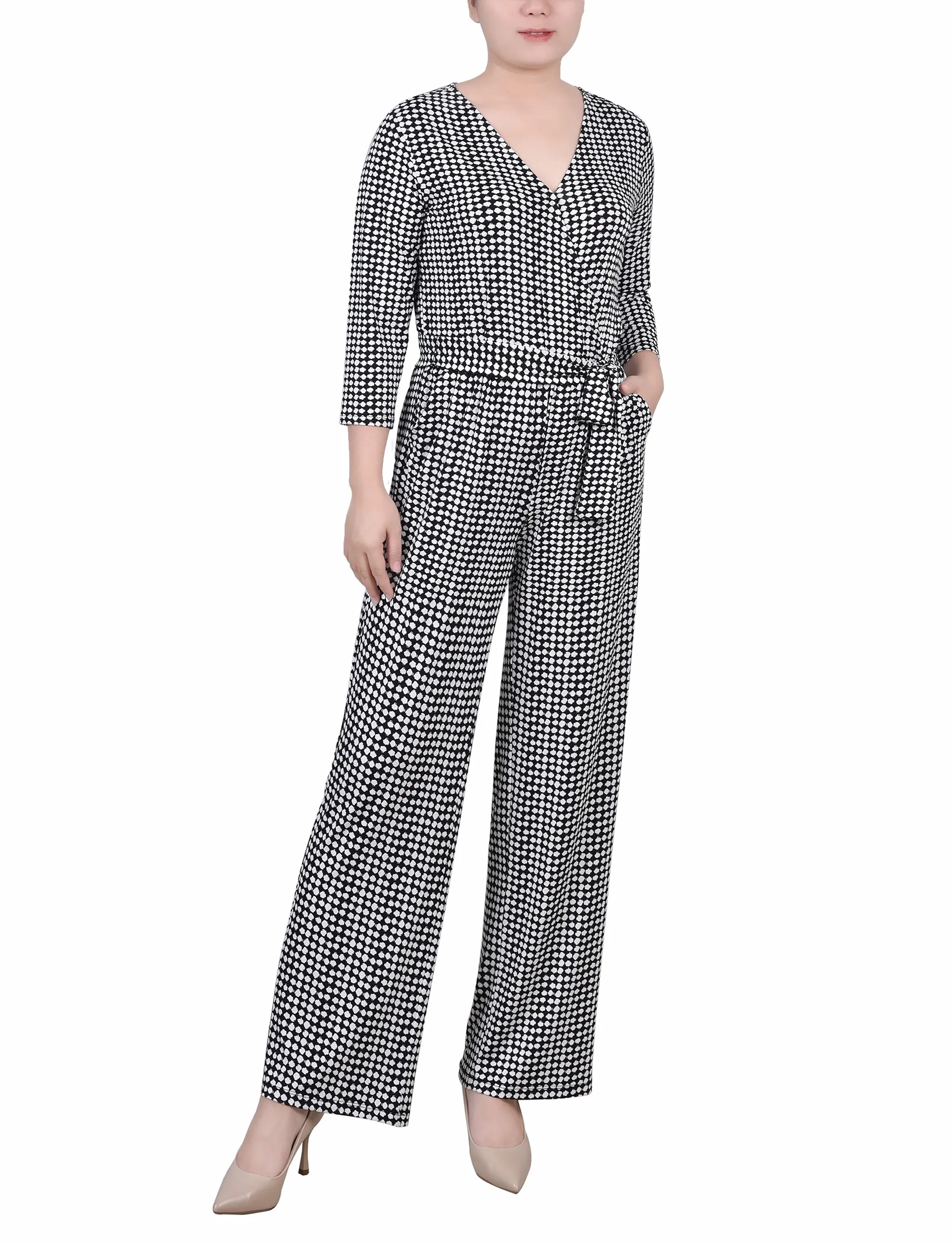 Petite 3/4 Sleeve Belted Jumpsuit