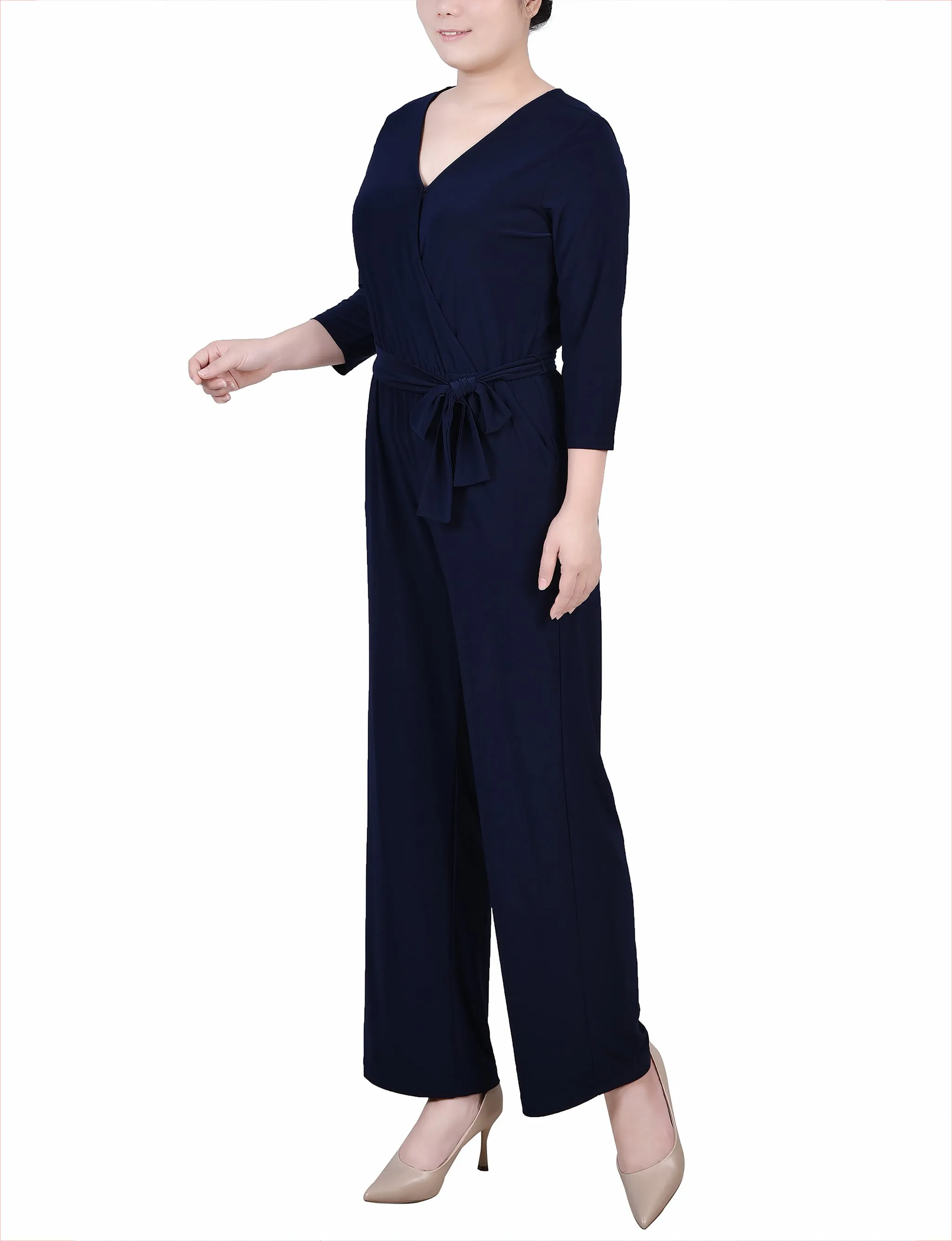 Petite 3/4 Sleeve Belted Jumpsuit