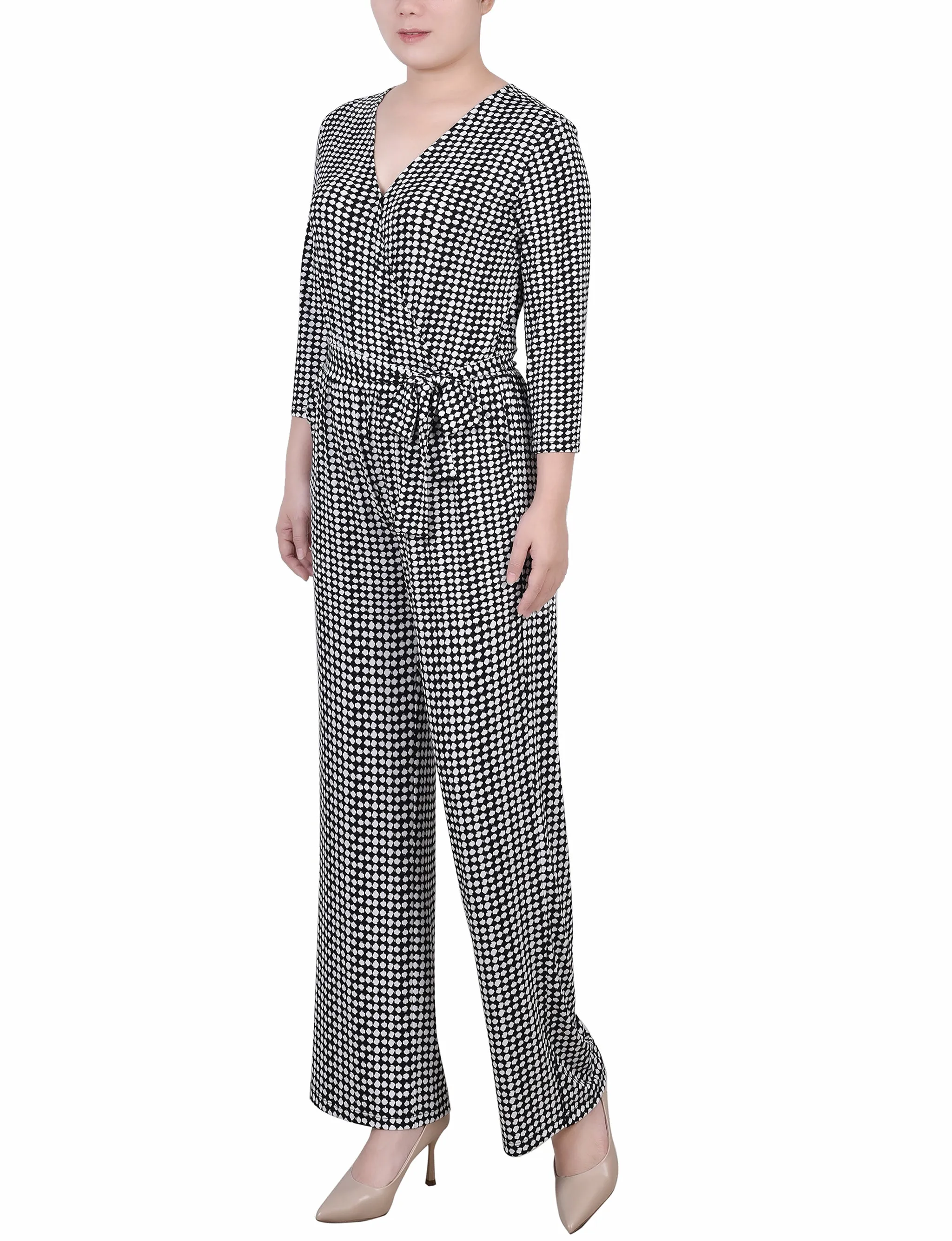 Petite 3/4 Sleeve Belted Jumpsuit