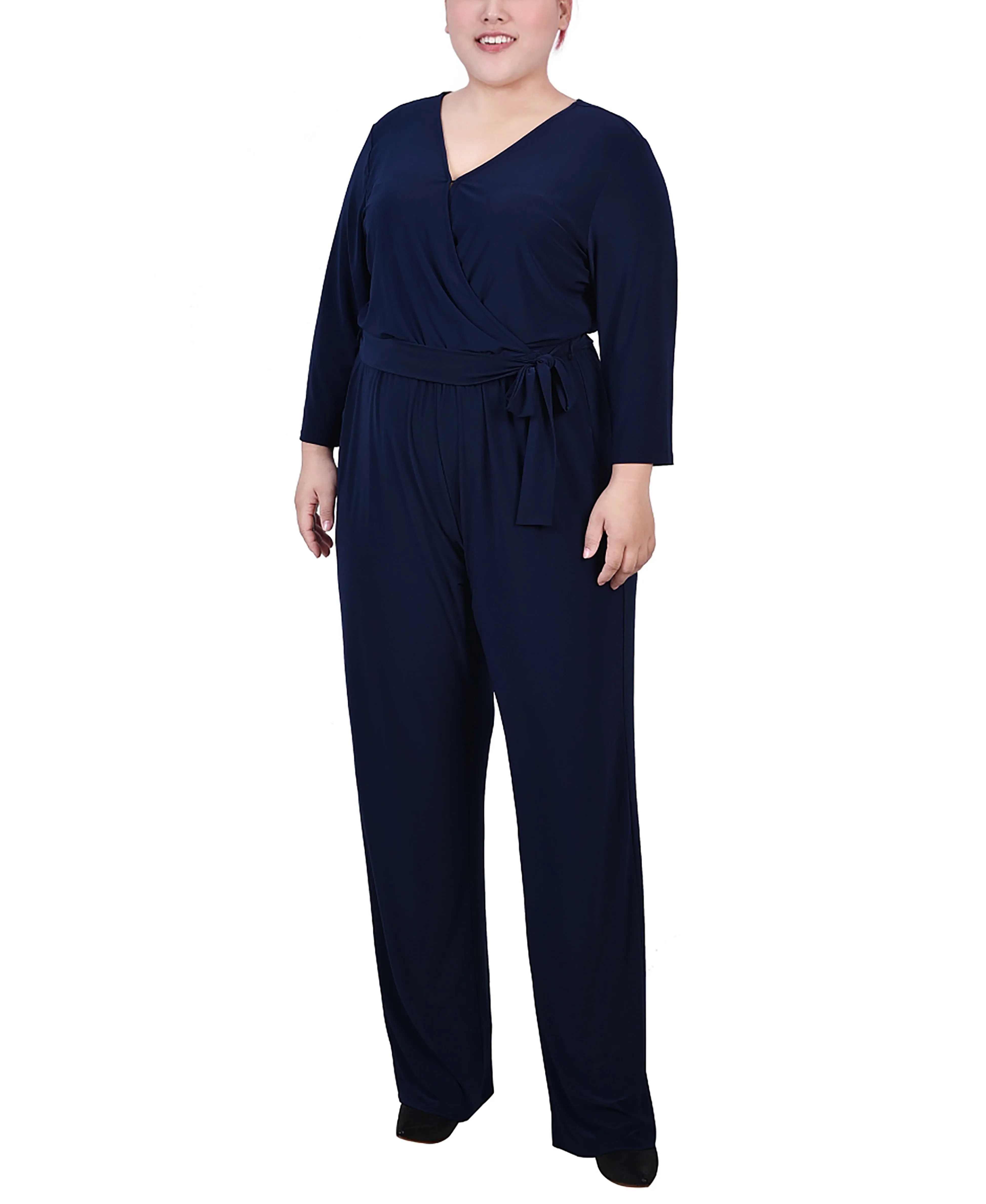 Plus Size 3/4 Sleeve Belted Jumpsuit