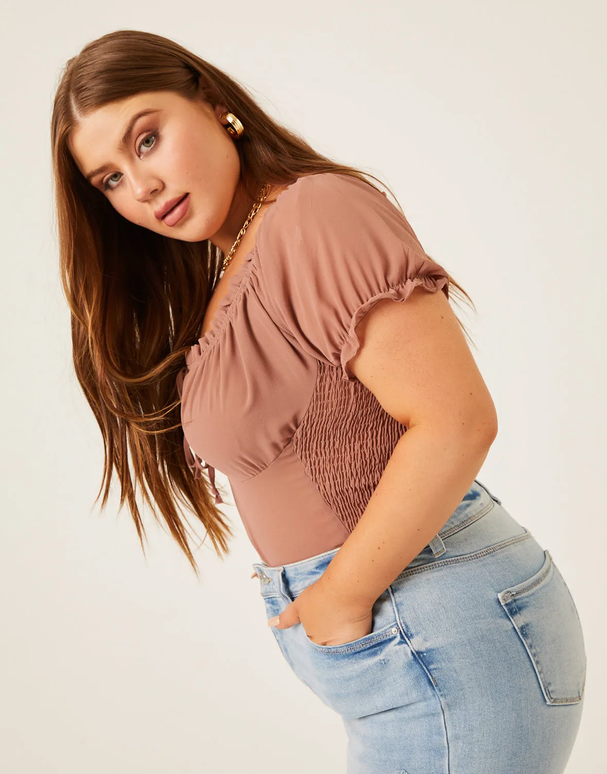 Plus Size Chiffon Smocked Back Blouse