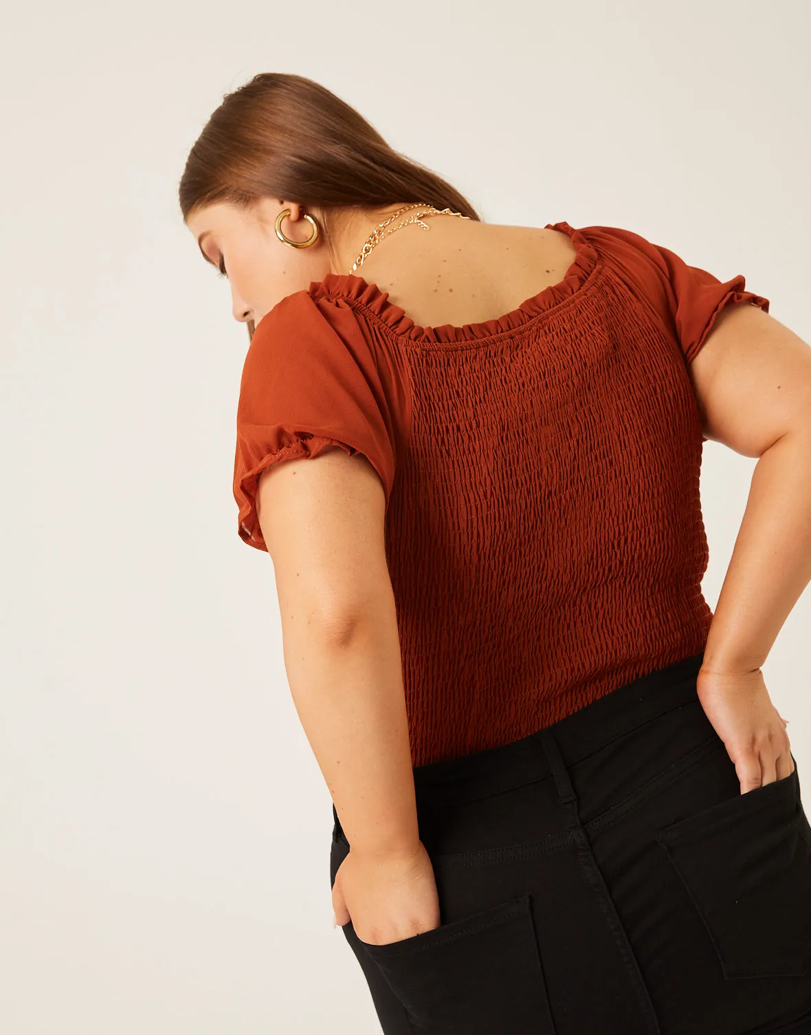 Plus Size Chiffon Smocked Back Blouse
