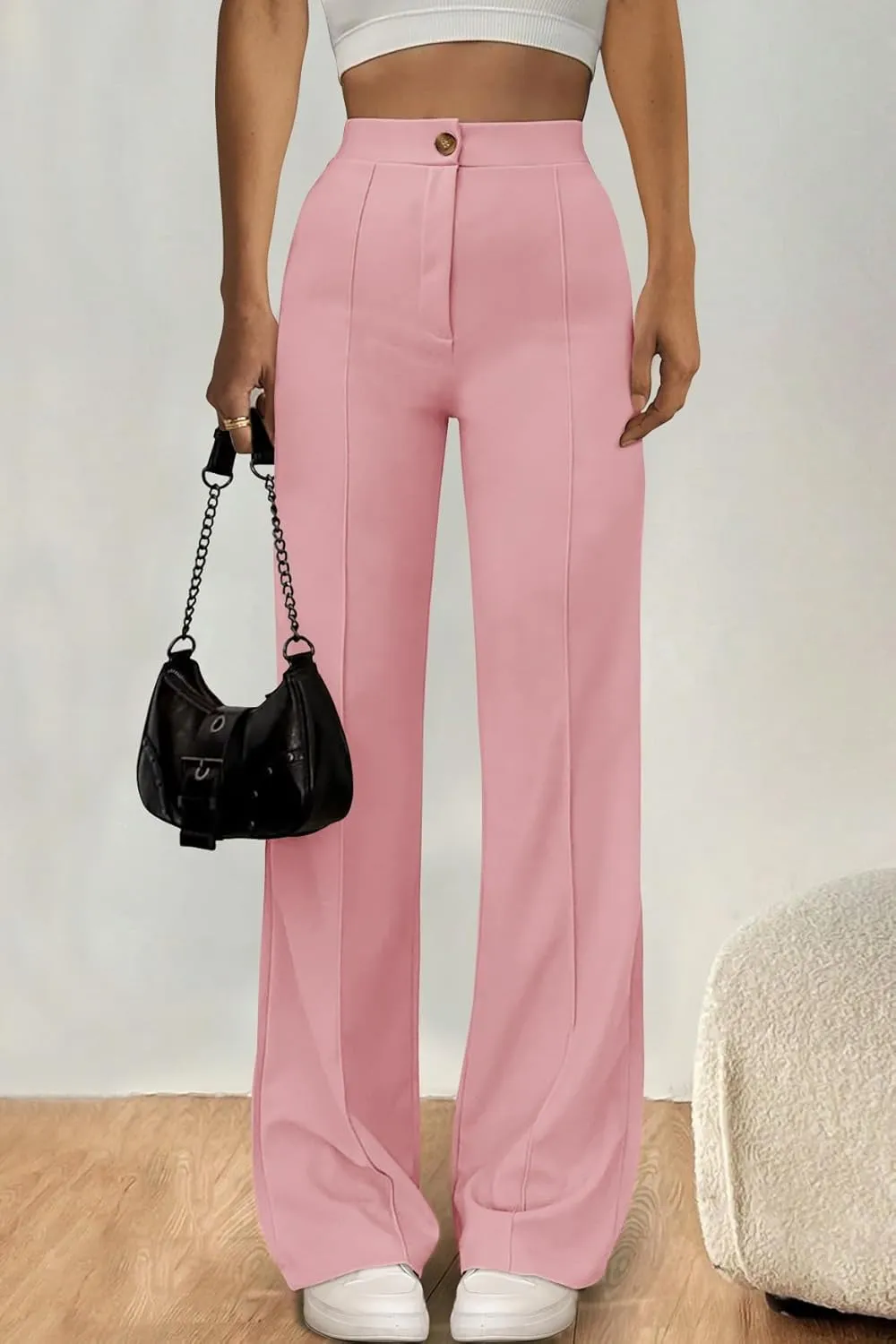 PRETTYGARDEN Straight Leg Pants Stretchy Button Business Casual Work Trousers Knit Elastic Waist Slacks