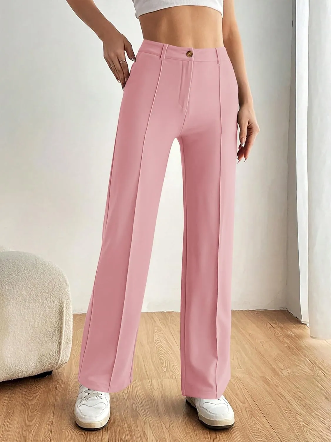 PRETTYGARDEN Straight Leg Pants Stretchy Button Business Casual Work Trousers Knit Elastic Waist Slacks