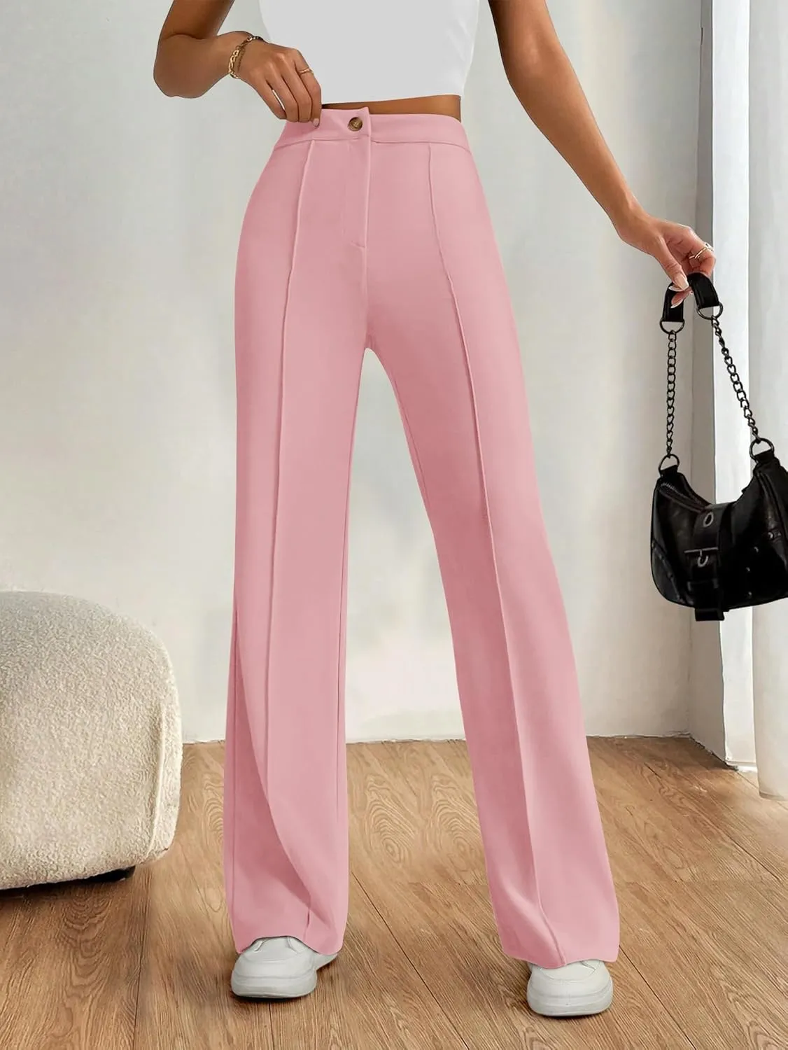 PRETTYGARDEN Straight Leg Pants Stretchy Button Business Casual Work Trousers Knit Elastic Waist Slacks