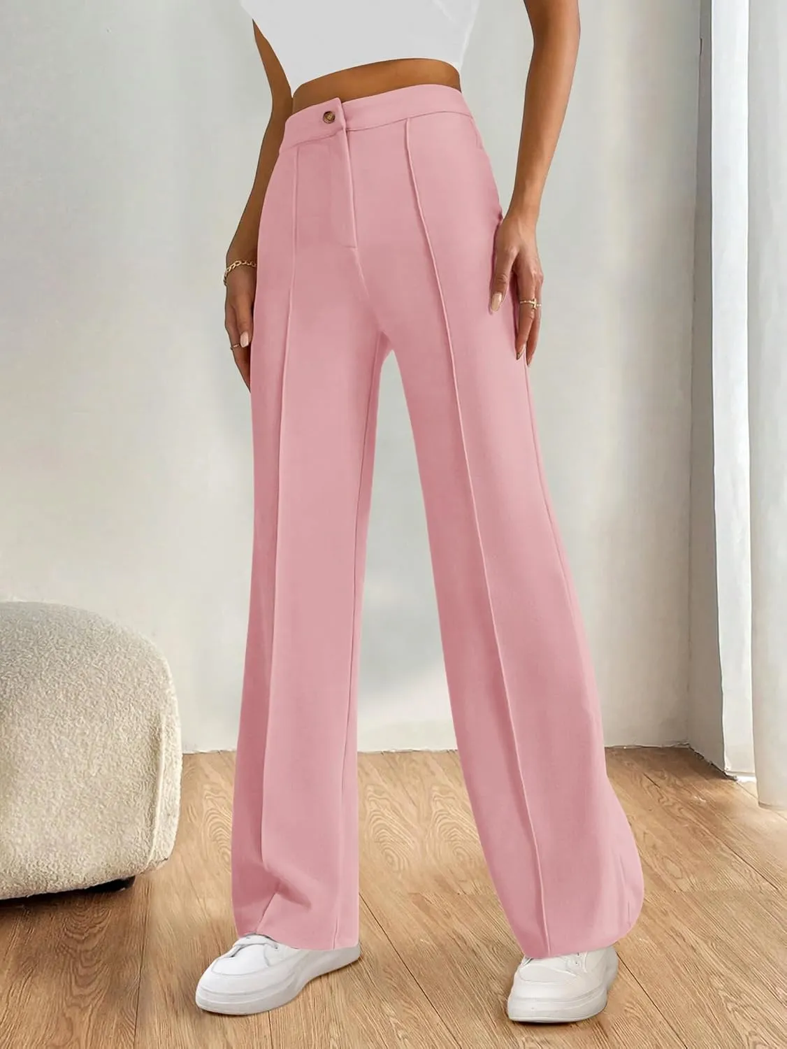 PRETTYGARDEN Straight Leg Pants Stretchy Button Business Casual Work Trousers Knit Elastic Waist Slacks