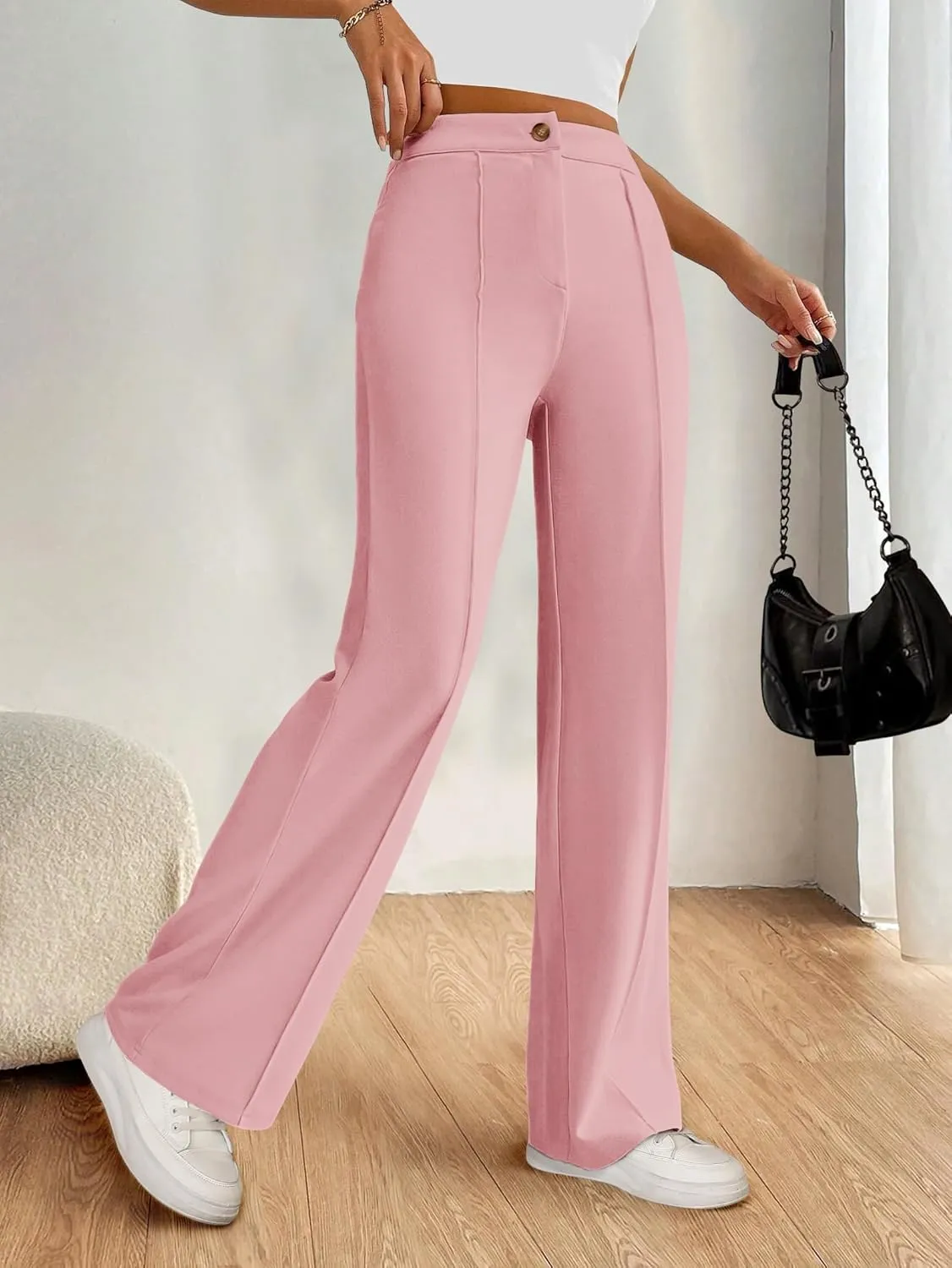 PRETTYGARDEN Straight Leg Pants Stretchy Button Business Casual Work Trousers Knit Elastic Waist Slacks