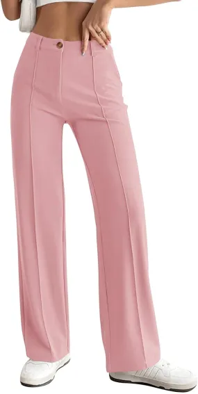 PRETTYGARDEN Straight Leg Pants Stretchy Button Business Casual Work Trousers Knit Elastic Waist Slacks