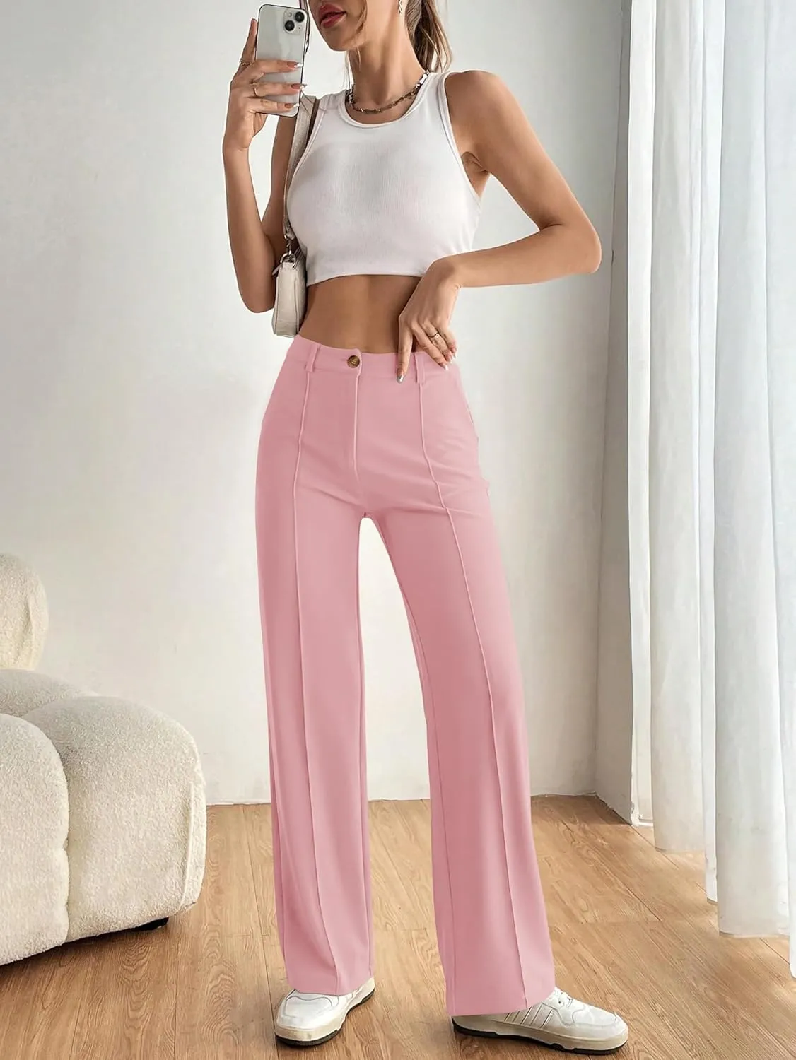 PRETTYGARDEN Straight Leg Pants Stretchy Button Business Casual Work Trousers Knit Elastic Waist Slacks