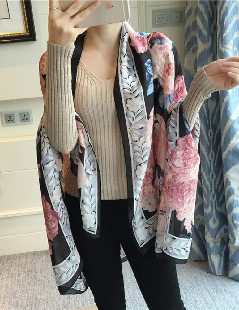 Silk Scarf for Women Fashion Floral Printed Large Lightweight Sunscreen Shawls Wraps Headscarf
