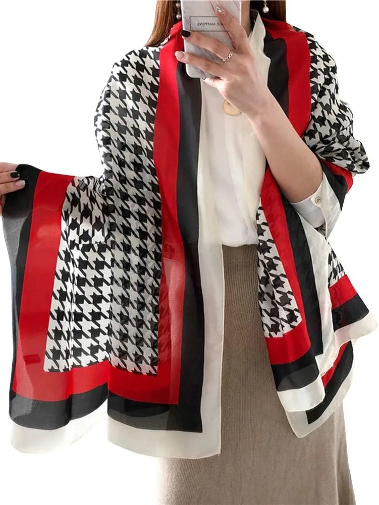 Silk Scarf for Women Fashion Floral Printed Large Lightweight Sunscreen Shawls Wraps Headscarf