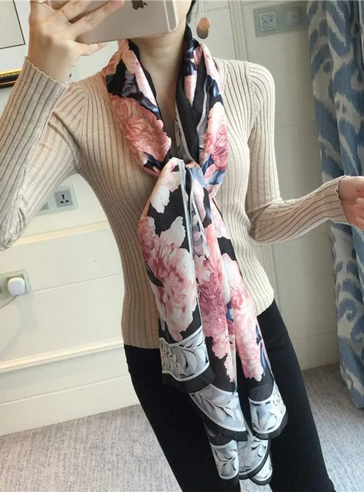 Silk Scarf for Women Fashion Floral Printed Large Lightweight Sunscreen Shawls Wraps Headscarf
