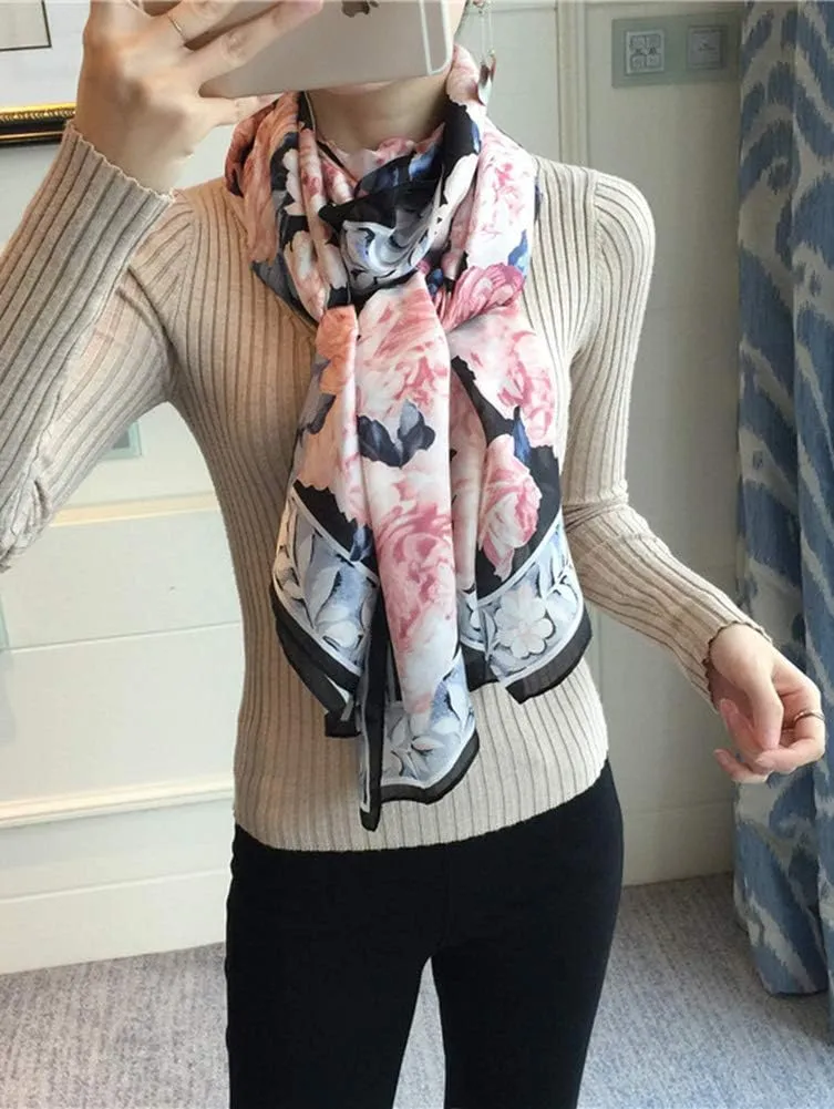 Silk Scarf for Women Fashion Floral Printed Large Lightweight Sunscreen Shawls Wraps Headscarf