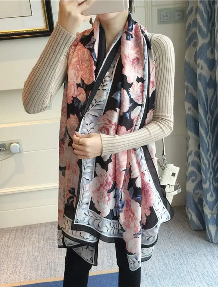 Silk Scarf for Women Fashion Floral Printed Large Lightweight Sunscreen Shawls Wraps Headscarf
