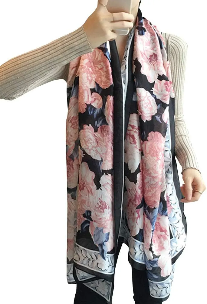 Silk Scarf for Women Fashion Floral Printed Large Lightweight Sunscreen Shawls Wraps Headscarf