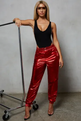 Stick With Me High Waisted Metallic Trousers in Red