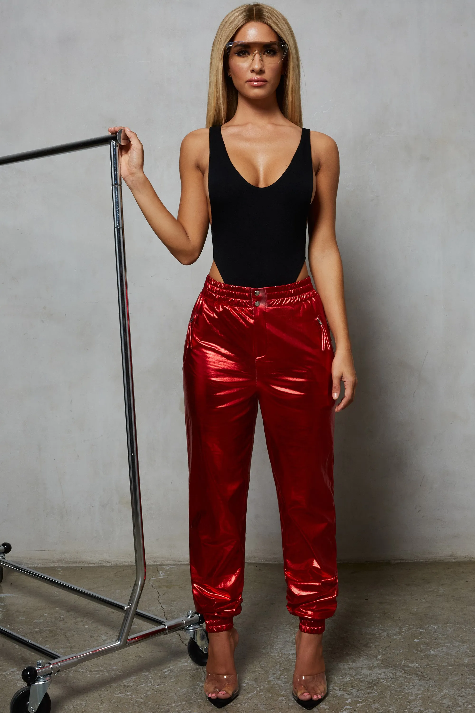 Stick With Me High Waisted Metallic Trousers in Red