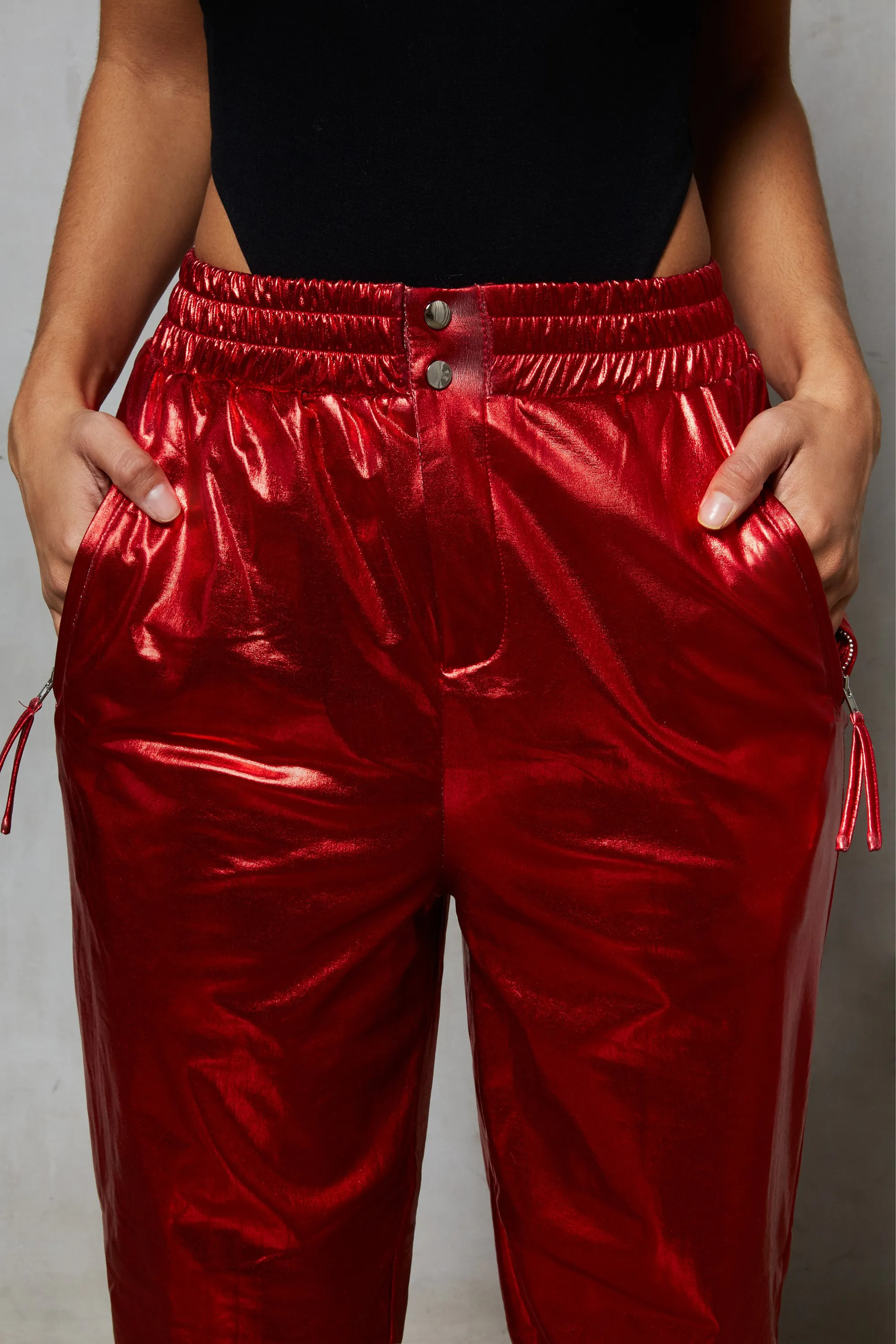 Stick With Me High Waisted Metallic Trousers in Red
