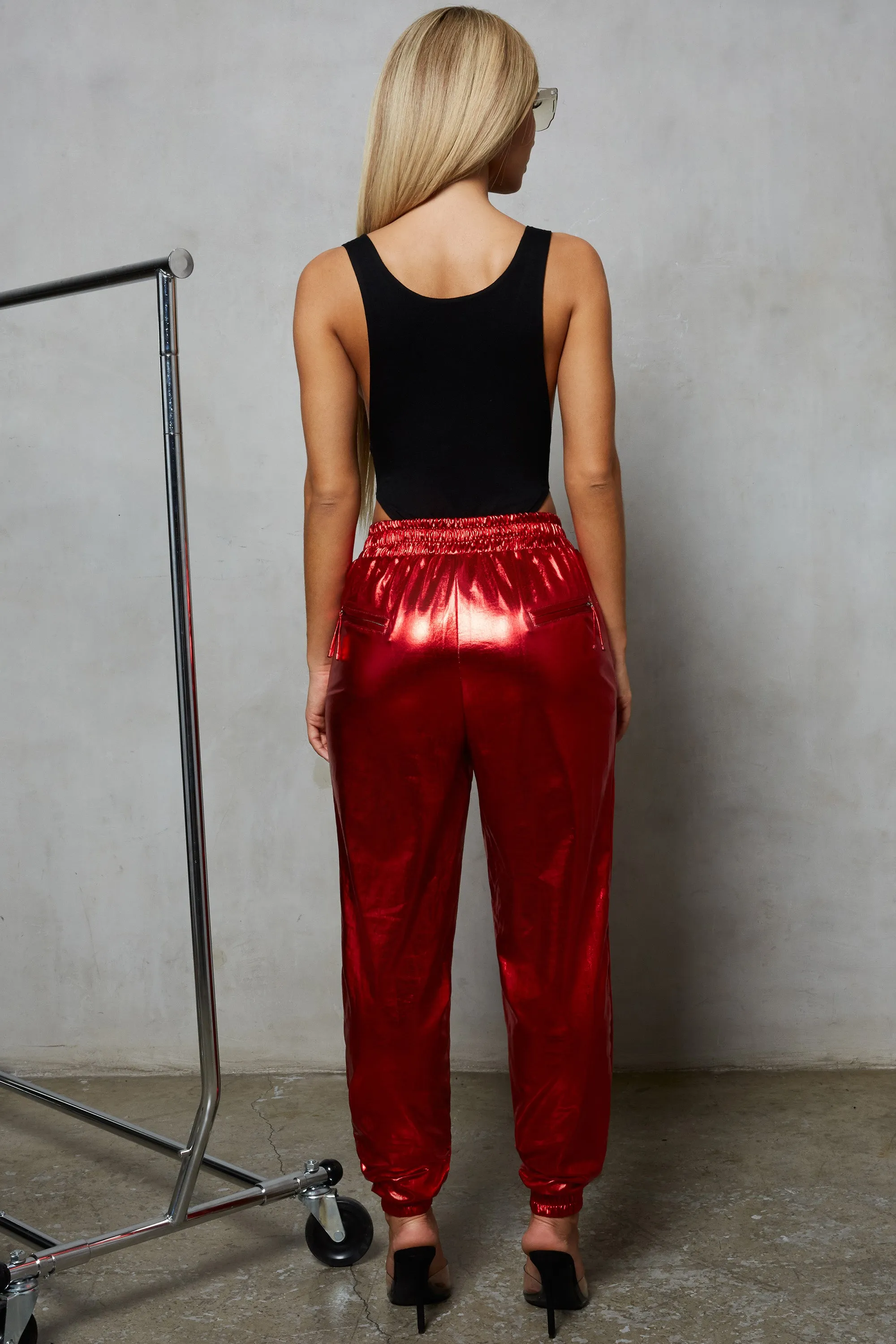 Stick With Me High Waisted Metallic Trousers in Red