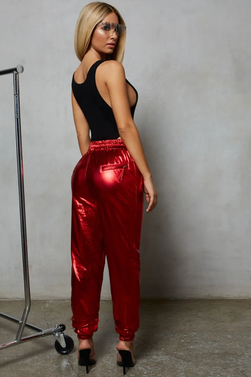 Stick With Me High Waisted Metallic Trousers in Red