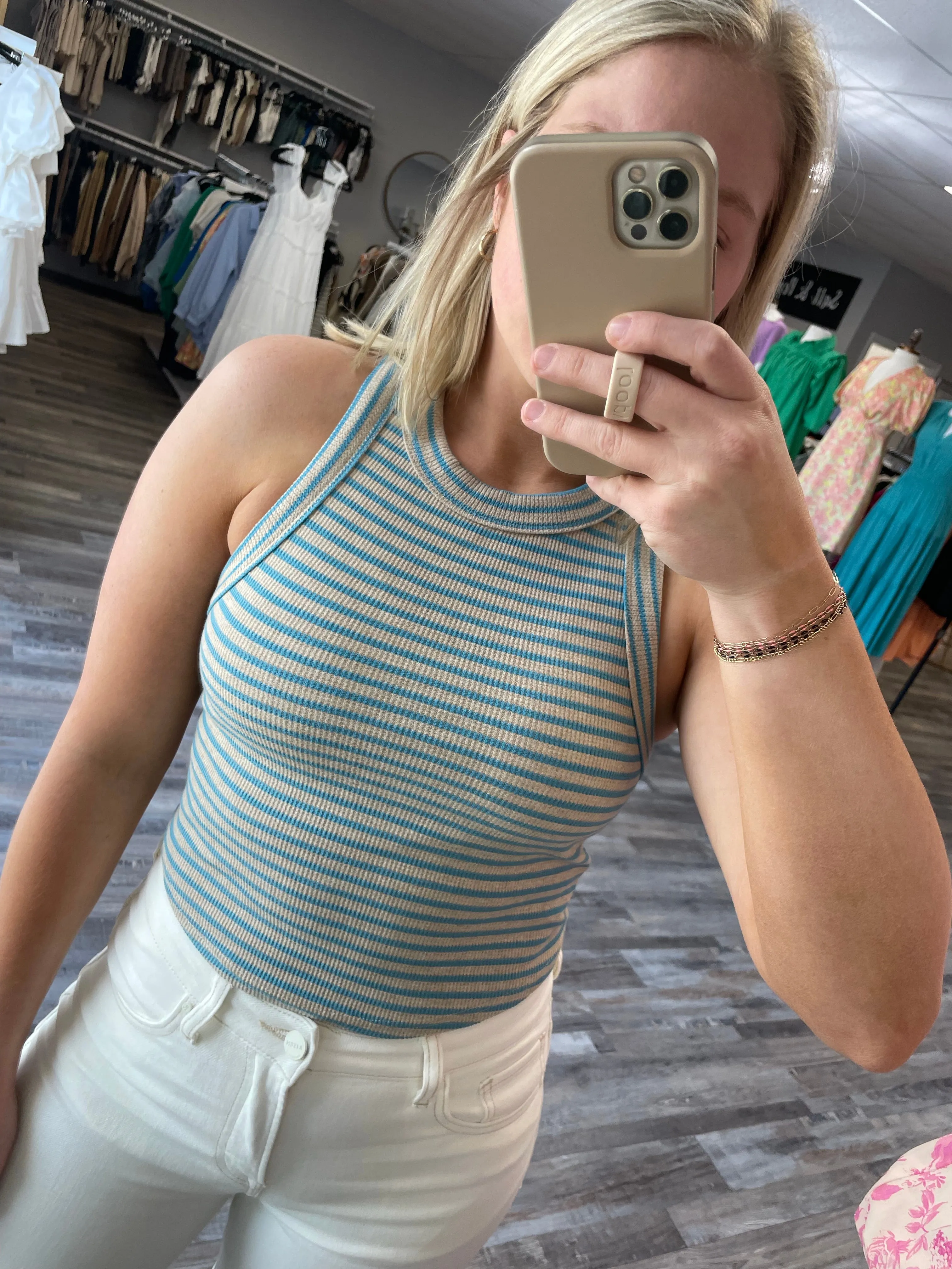 Striped Racerback Tank - Taupe/Blue