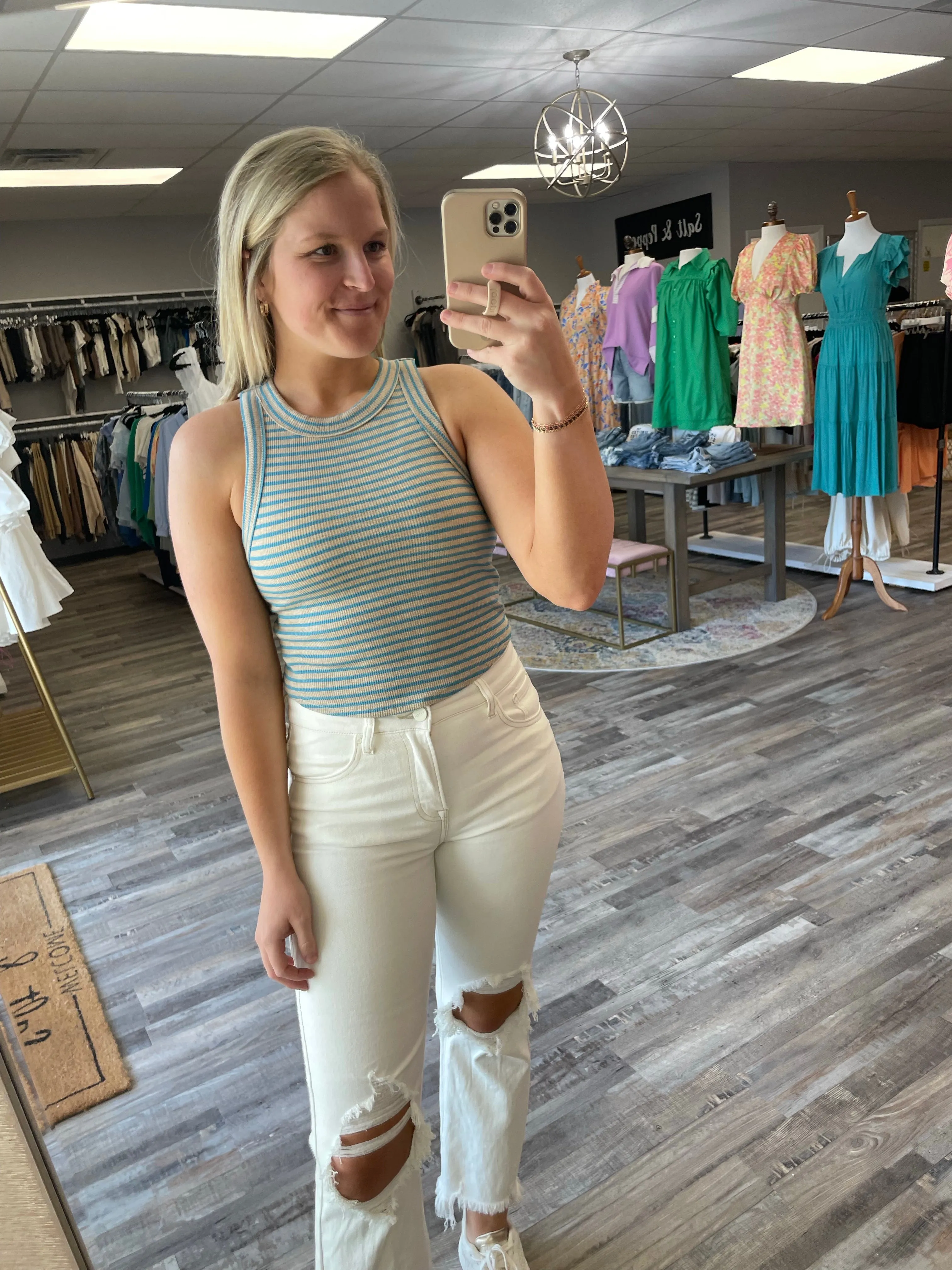 Striped Racerback Tank - Taupe/Blue