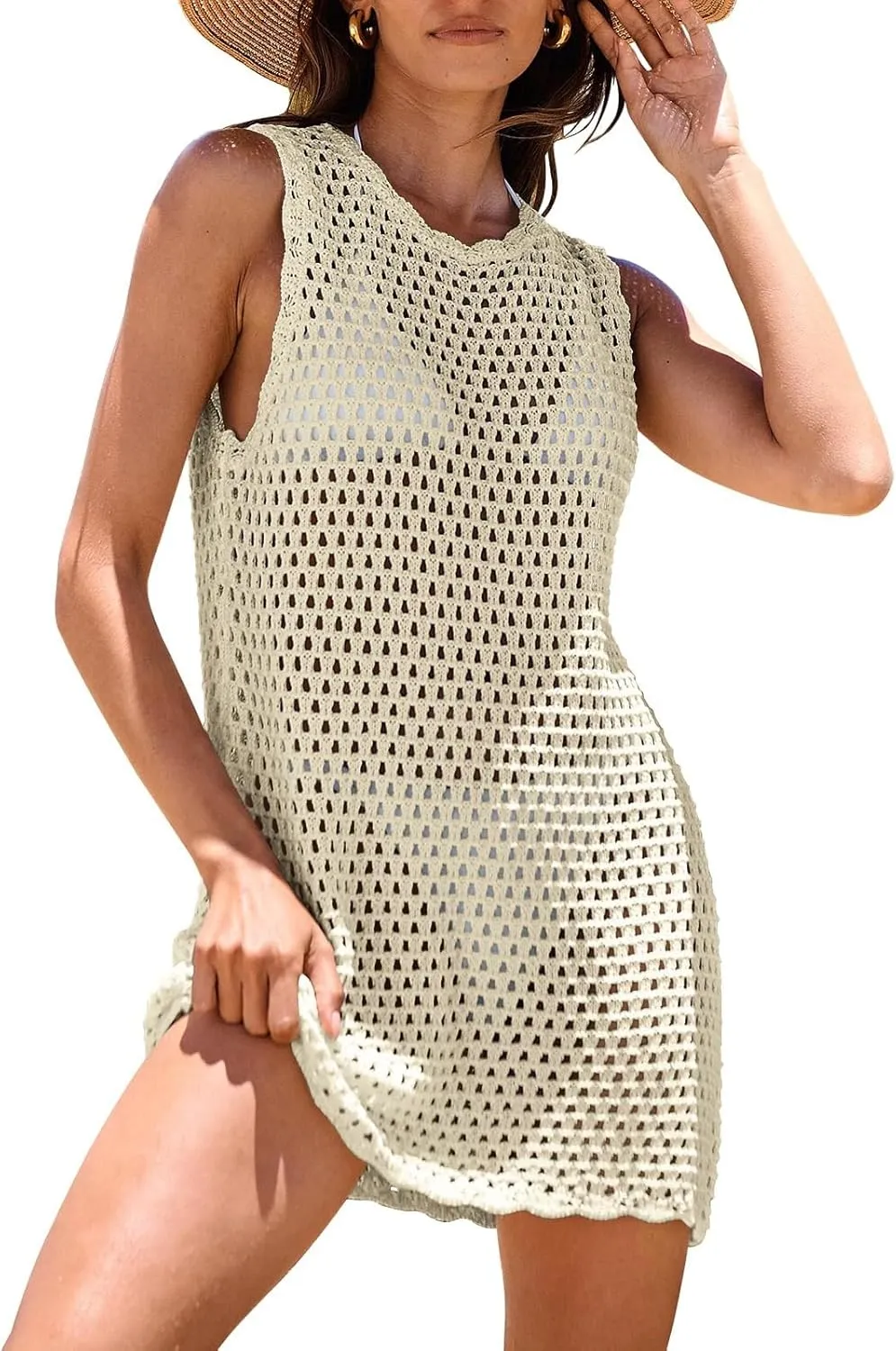 Swimsuit Coverup for Women Sleeveless Mini Cover Up Dress Crochet Holiday Empire Waist Summer Bathing Suit Beach Wear