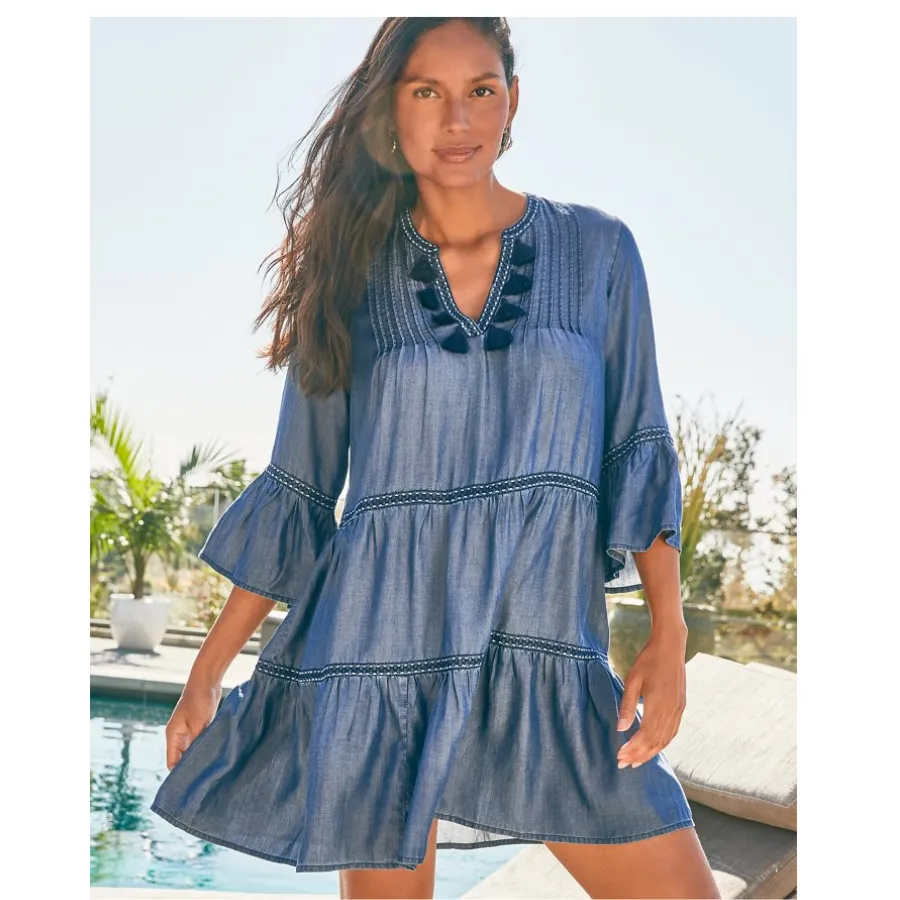 Tommy Bahama Embroidered Tier Dress SS500340 - Standalone Covers Chambray