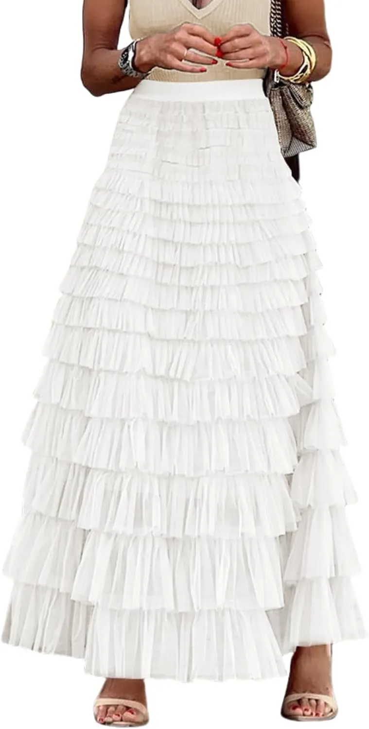Tulle Skirts for Women,Trendy High Waisted Elastic Waist Ruffle Tiered A-Line Belt Tulle Maxi Dresses