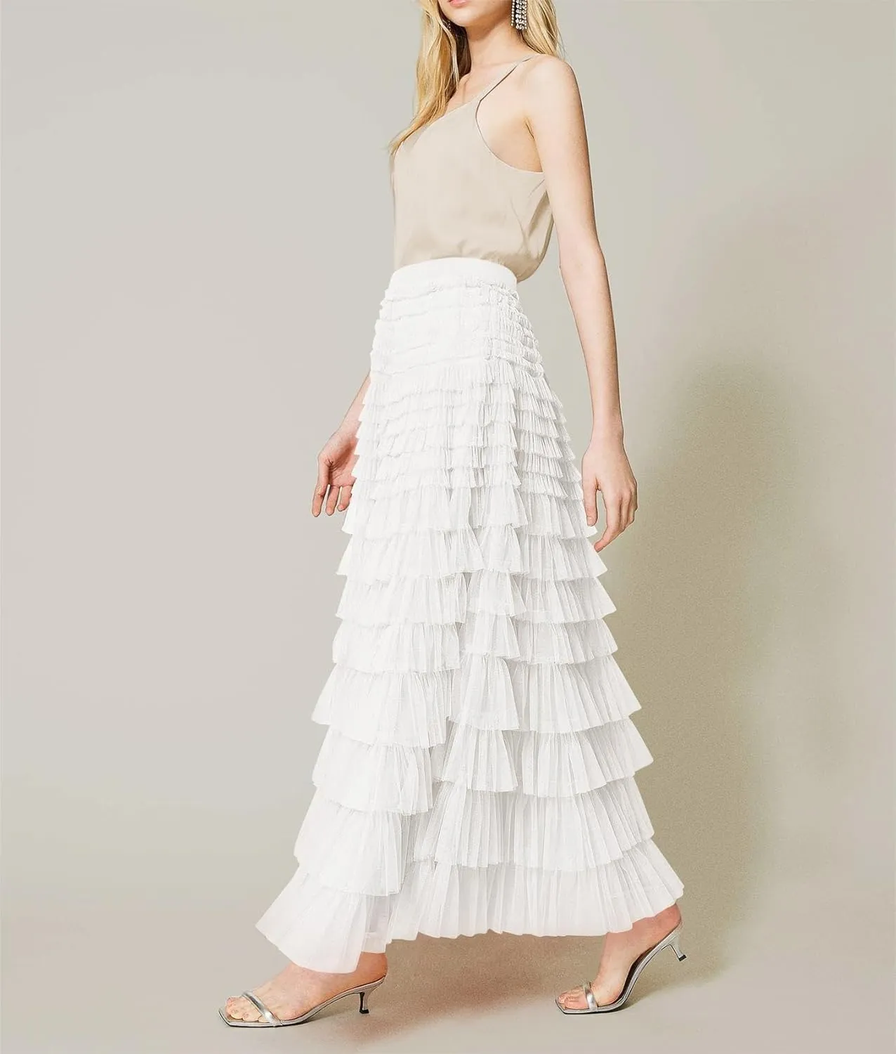 Tulle Skirts for Women,Trendy High Waisted Elastic Waist Ruffle Tiered A-Line Belt Tulle Maxi Dresses