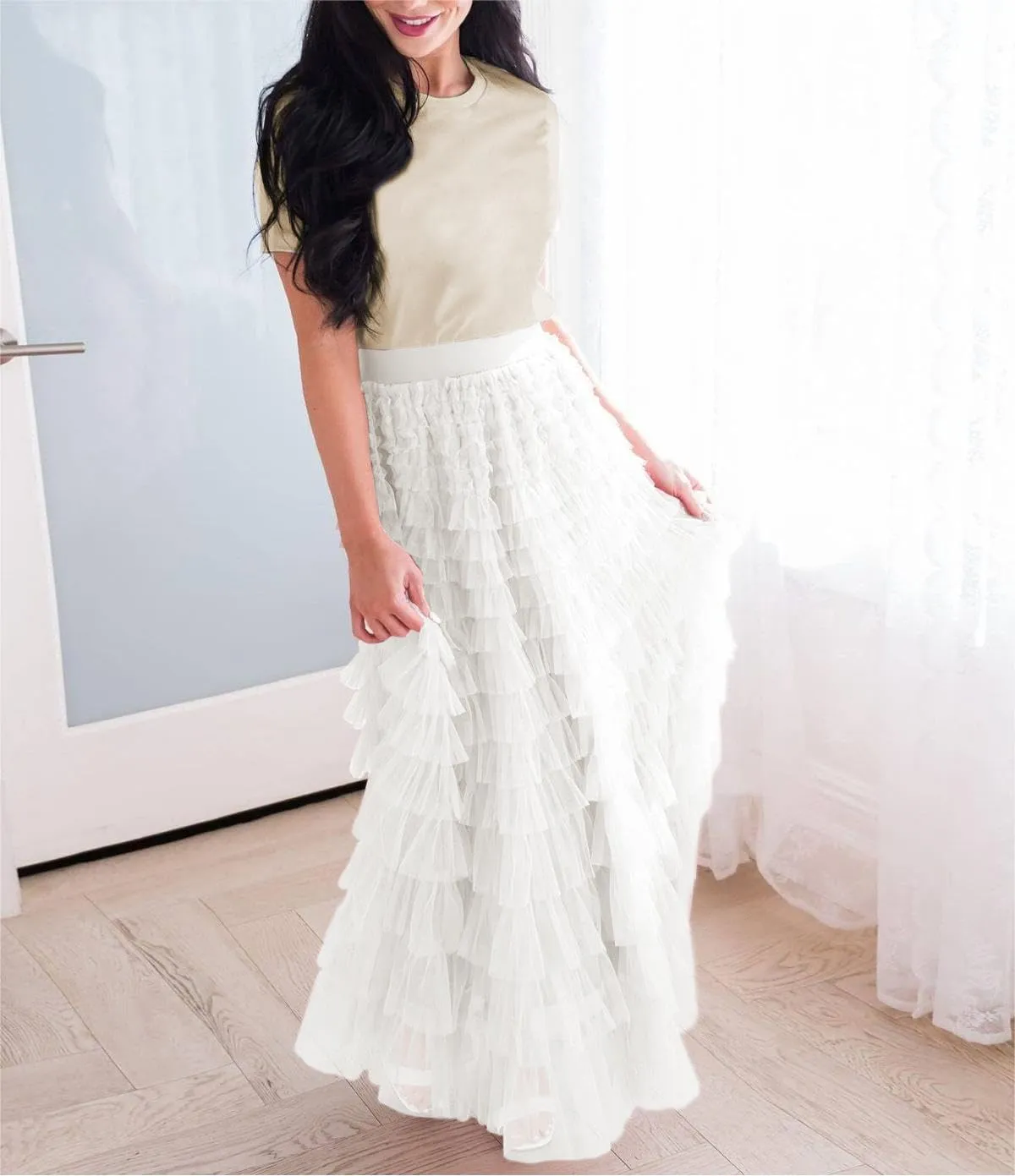 Tulle Skirts for Women,Trendy High Waisted Elastic Waist Ruffle Tiered A-Line Belt Tulle Maxi Dresses