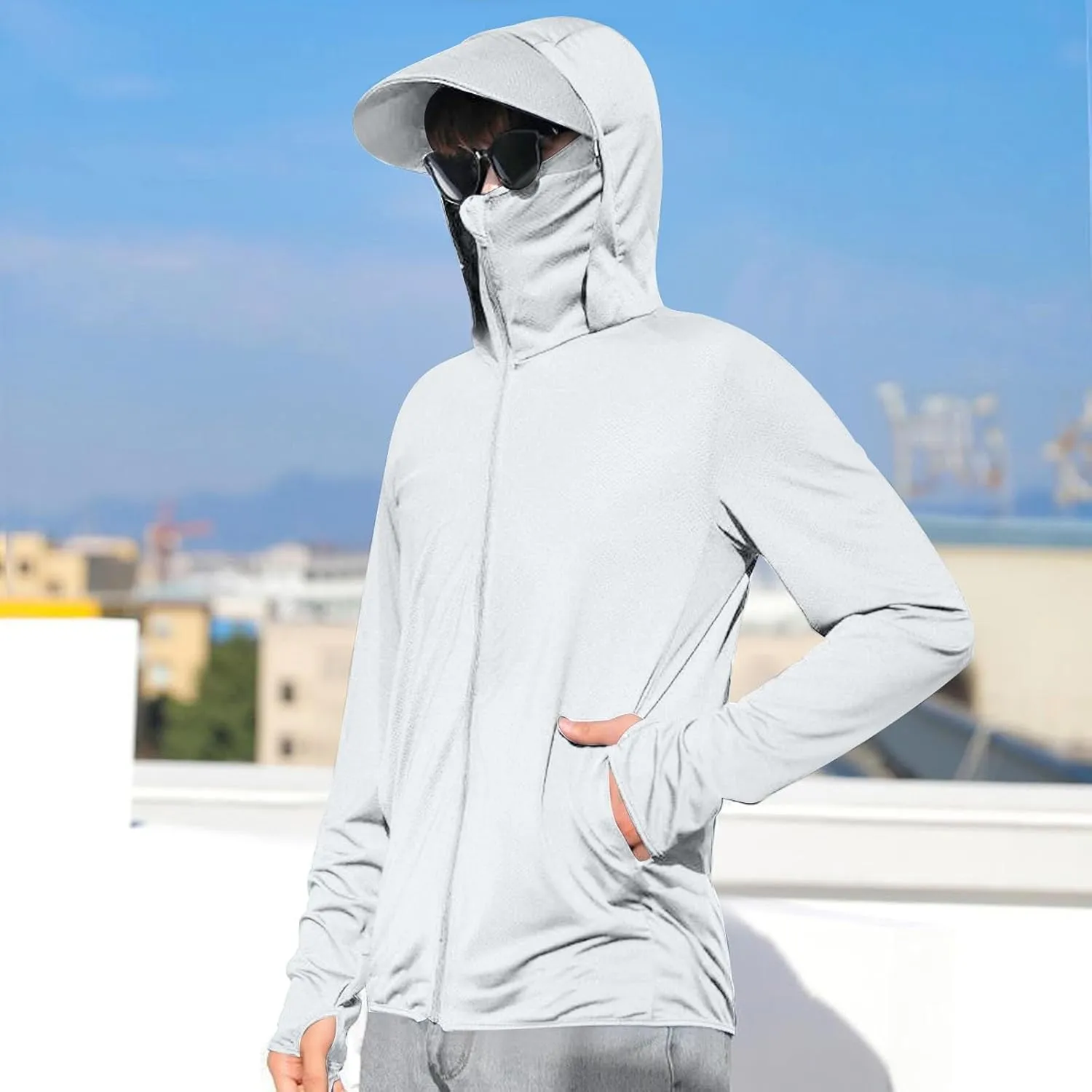 Unisex UPF 50  Light Jacket Full Zip Sun Protection Hoodie Long Sleeve Sun Shirts UV Fishing Hiking Athletic Running Outwear