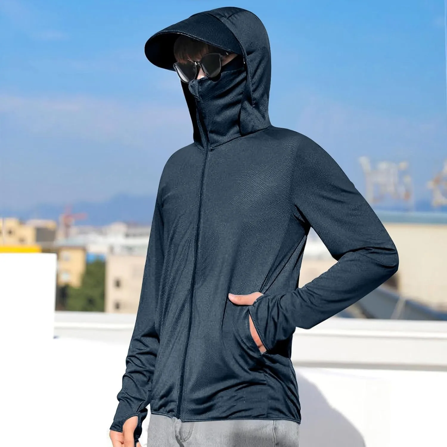 Unisex UPF 50  Light Jacket Full Zip Sun Protection Hoodie Long Sleeve Sun Shirts UV Fishing Hiking Athletic Running Outwear