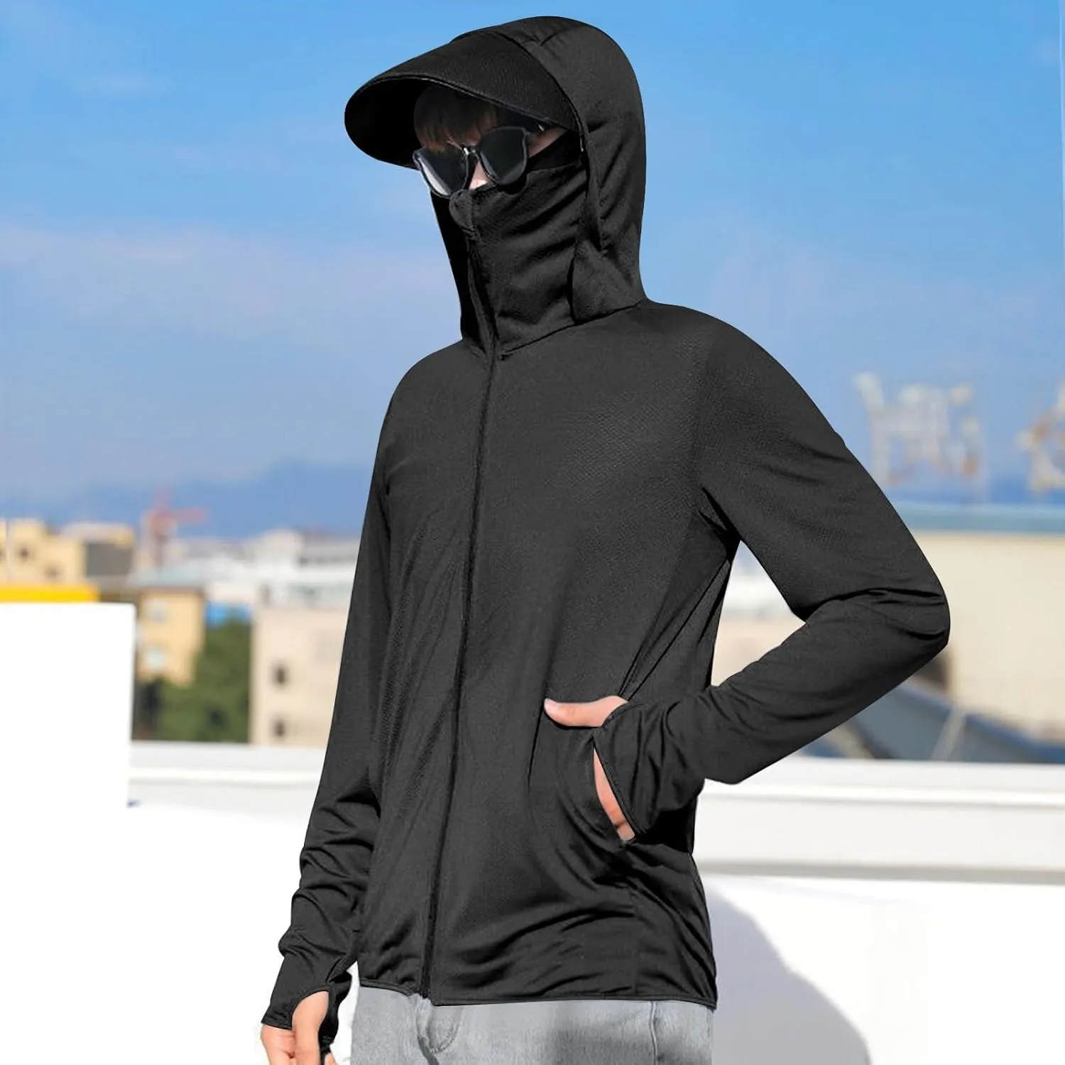 Unisex UPF 50  Light Jacket Full Zip Sun Protection Hoodie Long Sleeve Sun Shirts UV Fishing Hiking Athletic Running Outwear