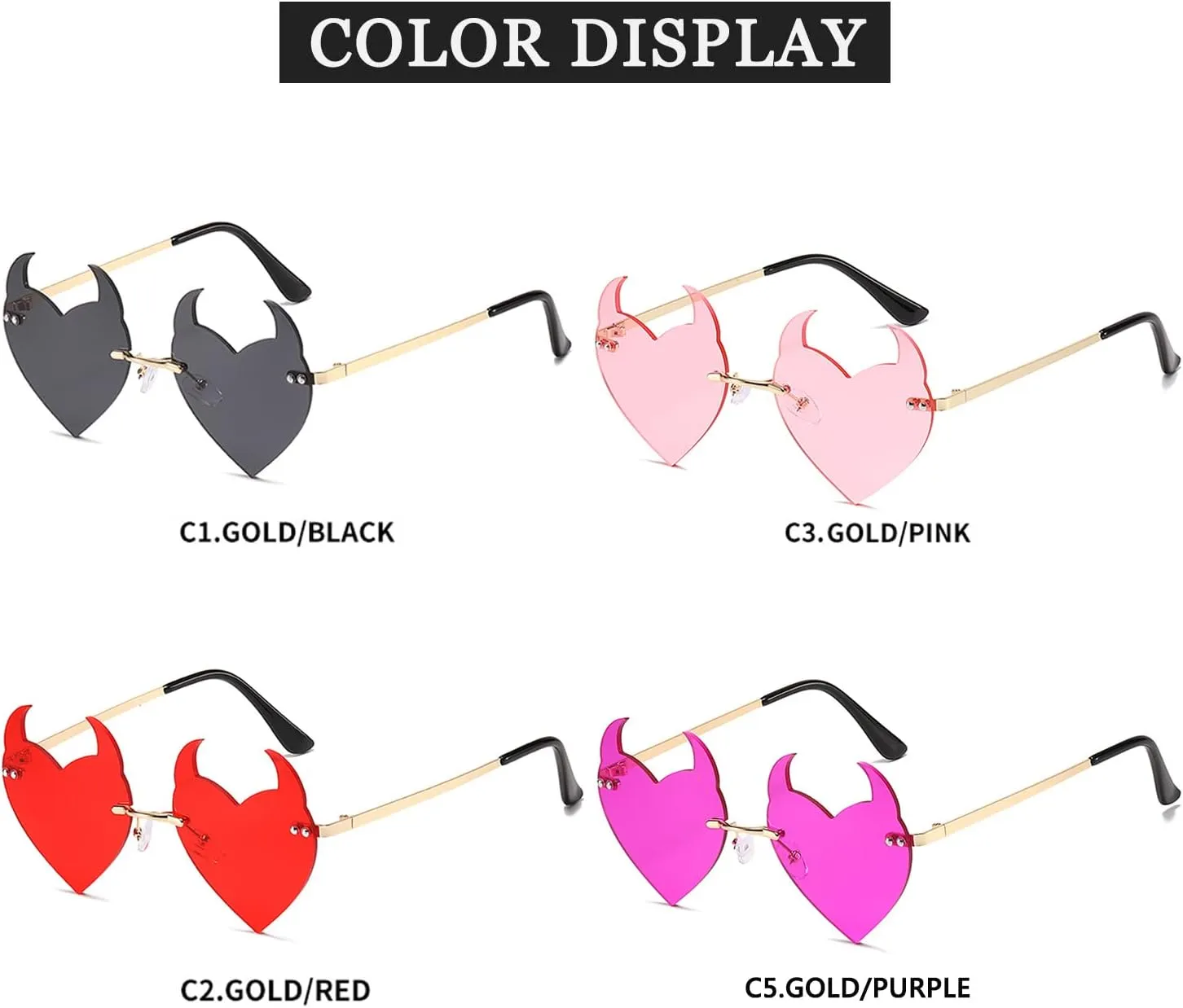 Votange Rimless Devil Horns Heart Sunglasses For Women Retro Novelty Funny Halloween Party Demon Ear Heart Shaped Eyewear…