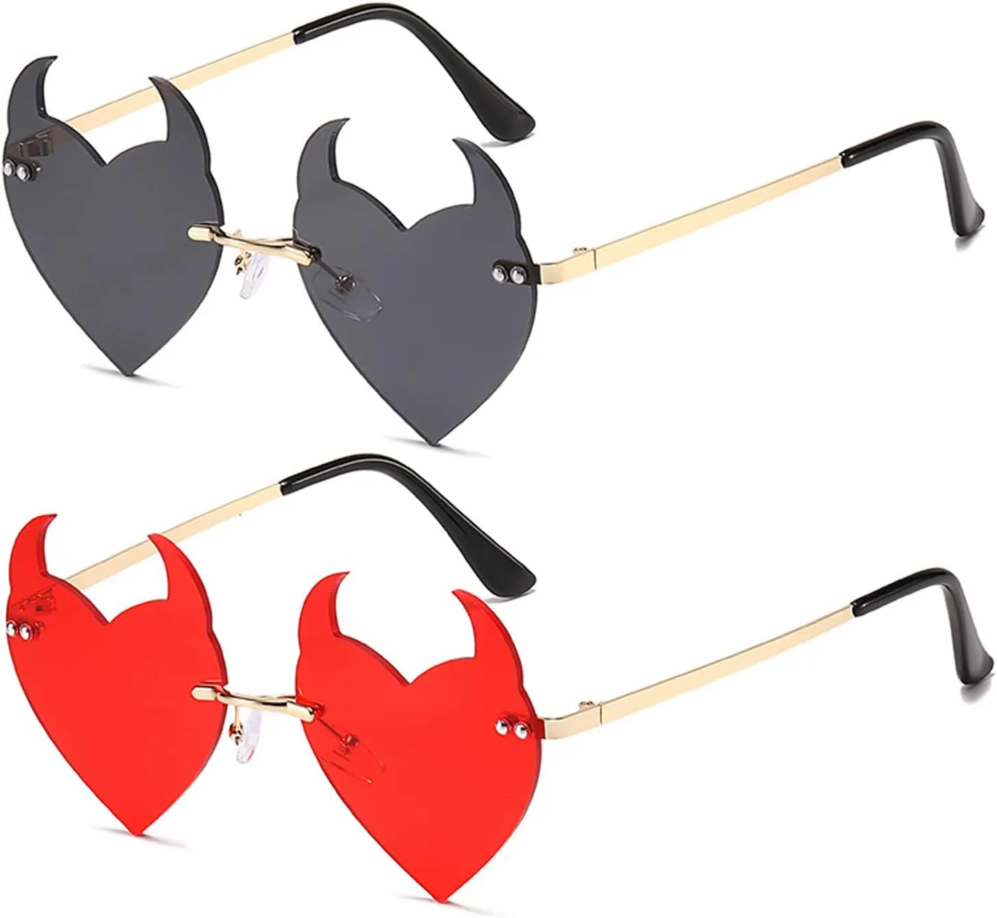 Votange Rimless Devil Horns Heart Sunglasses For Women Retro Novelty Funny Halloween Party Demon Ear Heart Shaped Eyewear…