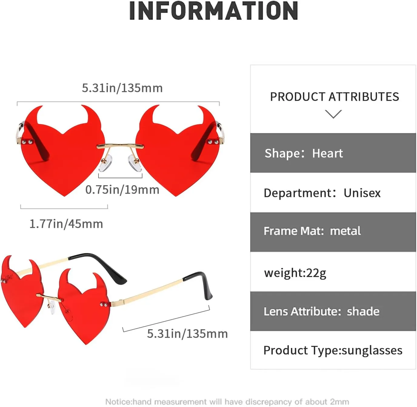 Votange Rimless Devil Horns Heart Sunglasses For Women Retro Novelty Funny Halloween Party Demon Ear Heart Shaped Eyewear…
